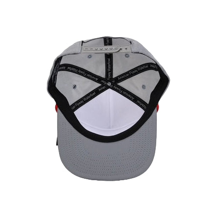 Gray cap with black brim and text on a white background