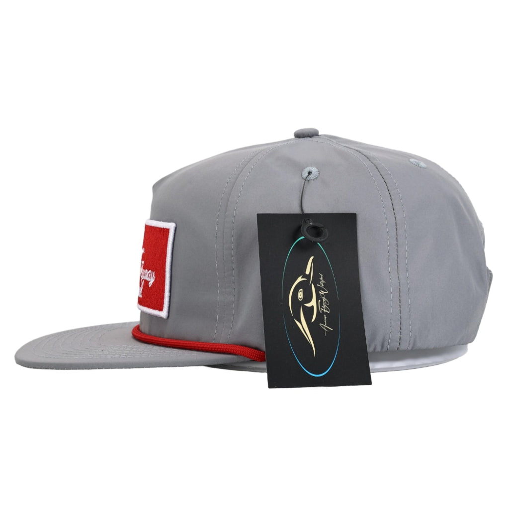 Gray cap with a red and white logo tag on a white background