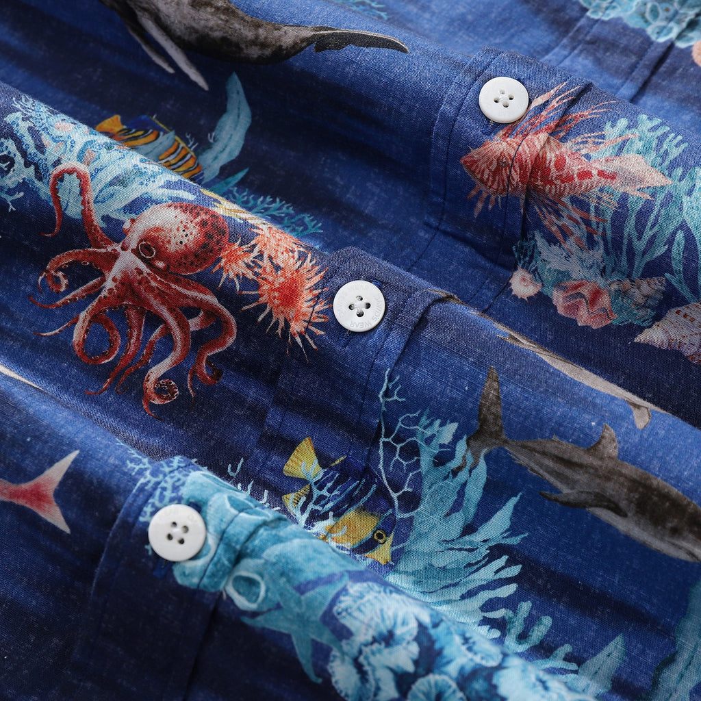 Men's Blue Marine Life Hawaiian Shirt Short Sleeve Ocean Print