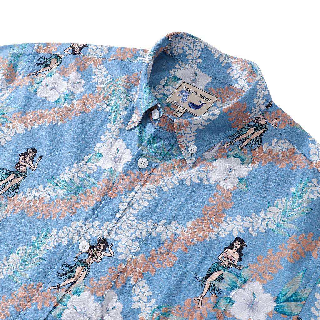 Men's Blue Hawaiian Shirt Short Sleeve Hula Dance Print