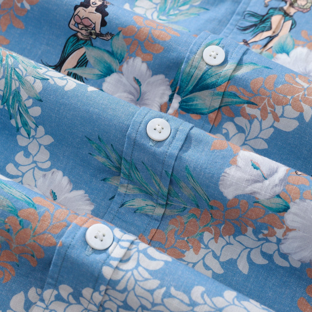 Men's Blue Hawaiian Shirt Short Sleeve Hula Dance Print