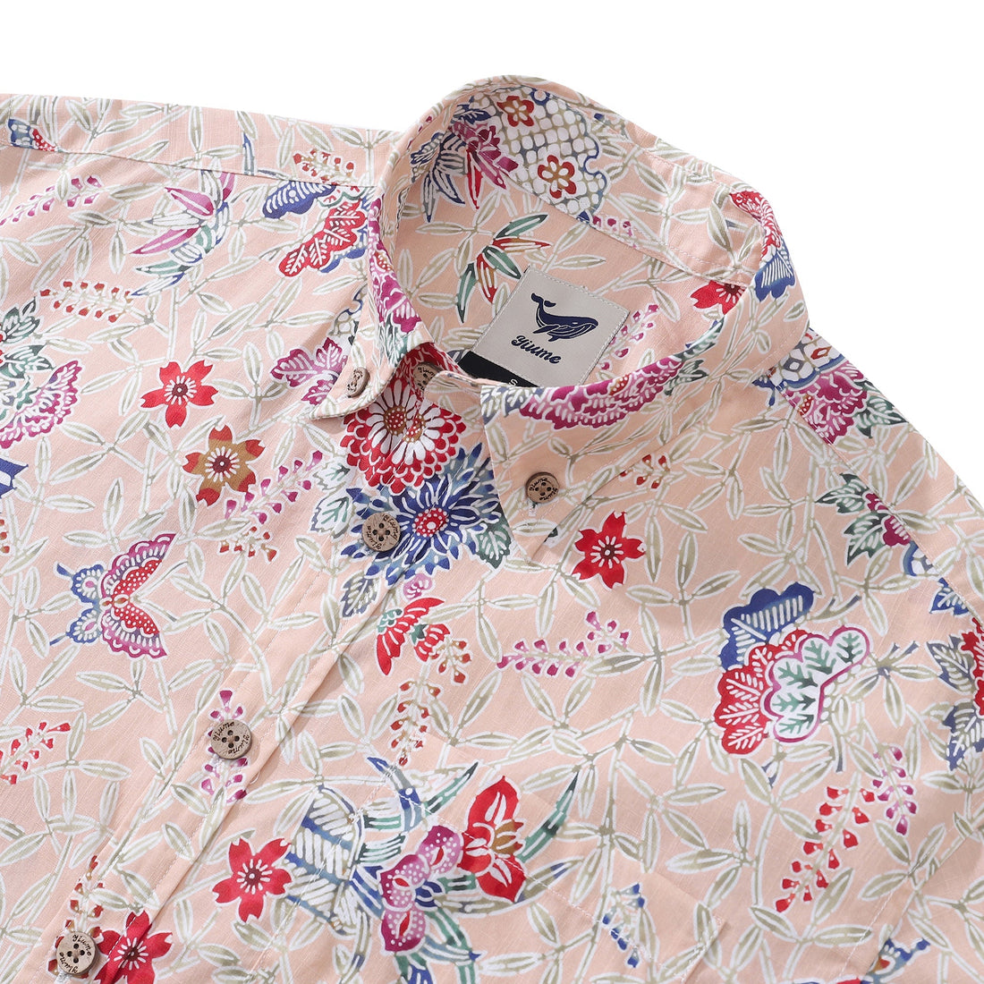 Men's Botanical Blossom and Butterfly Print Cotton Aloha Shirt