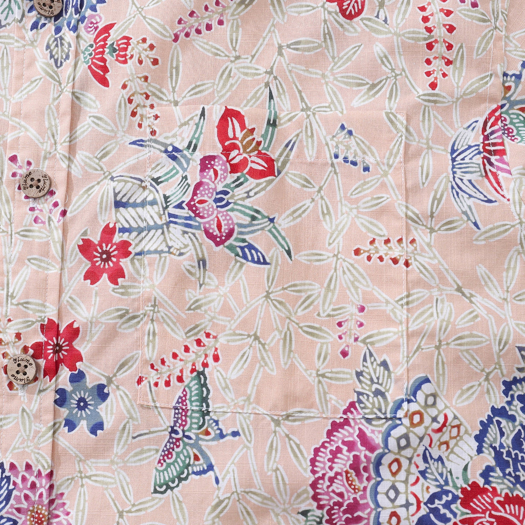 Men's Botanical Blossom and Butterfly Print Cotton Aloha Shirt