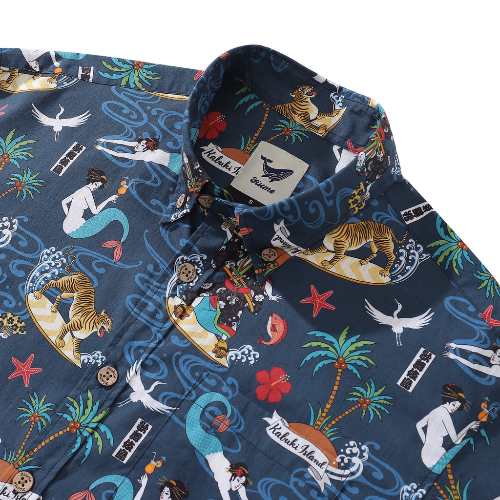 Men's Kabuki Print Aloha Shirt Navy Blue Cotton Short Sleeve