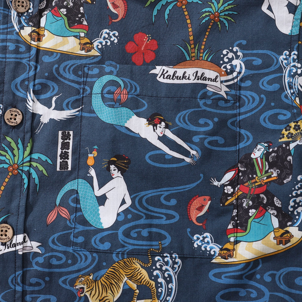 Men's Kabuki Print Aloha Shirt Navy Blue Cotton Short Sleeve