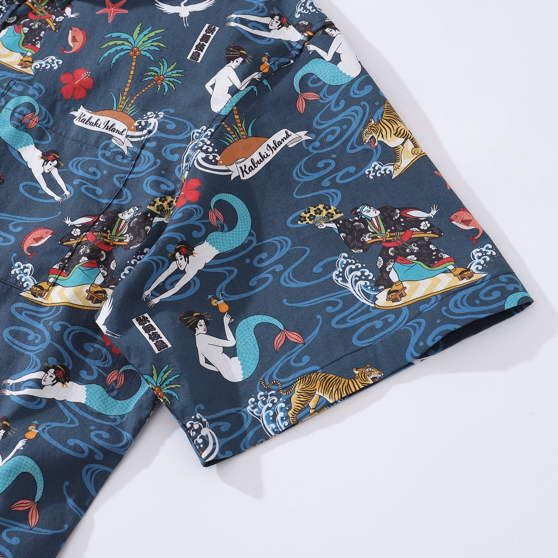 Men's Kabuki Print Aloha Shirt Navy Blue Cotton Short Sleeve