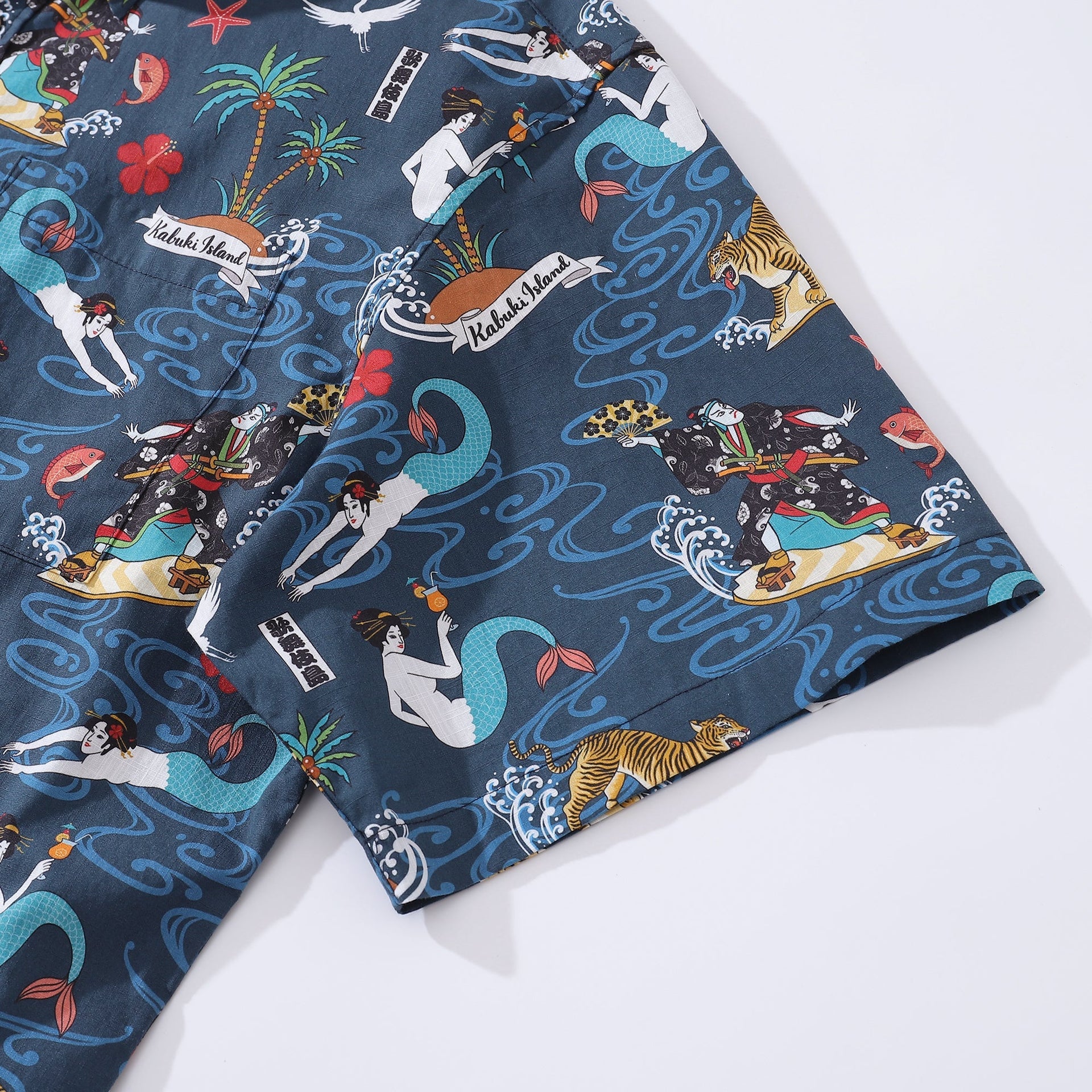 Men's Kabuki Print Aloha Shirt Navy Blue Cotton Short Sleeve