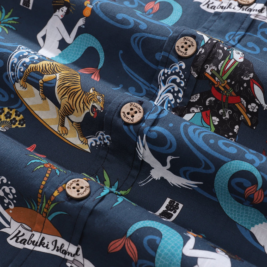 Men's Kabuki Print Aloha Shirt Navy Blue Cotton Short Sleeve