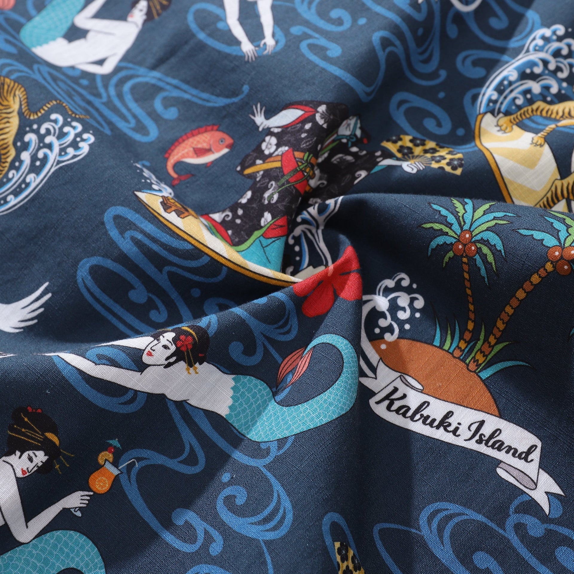 Men's Kabuki Print Aloha Shirt Navy Blue Cotton Short Sleeve