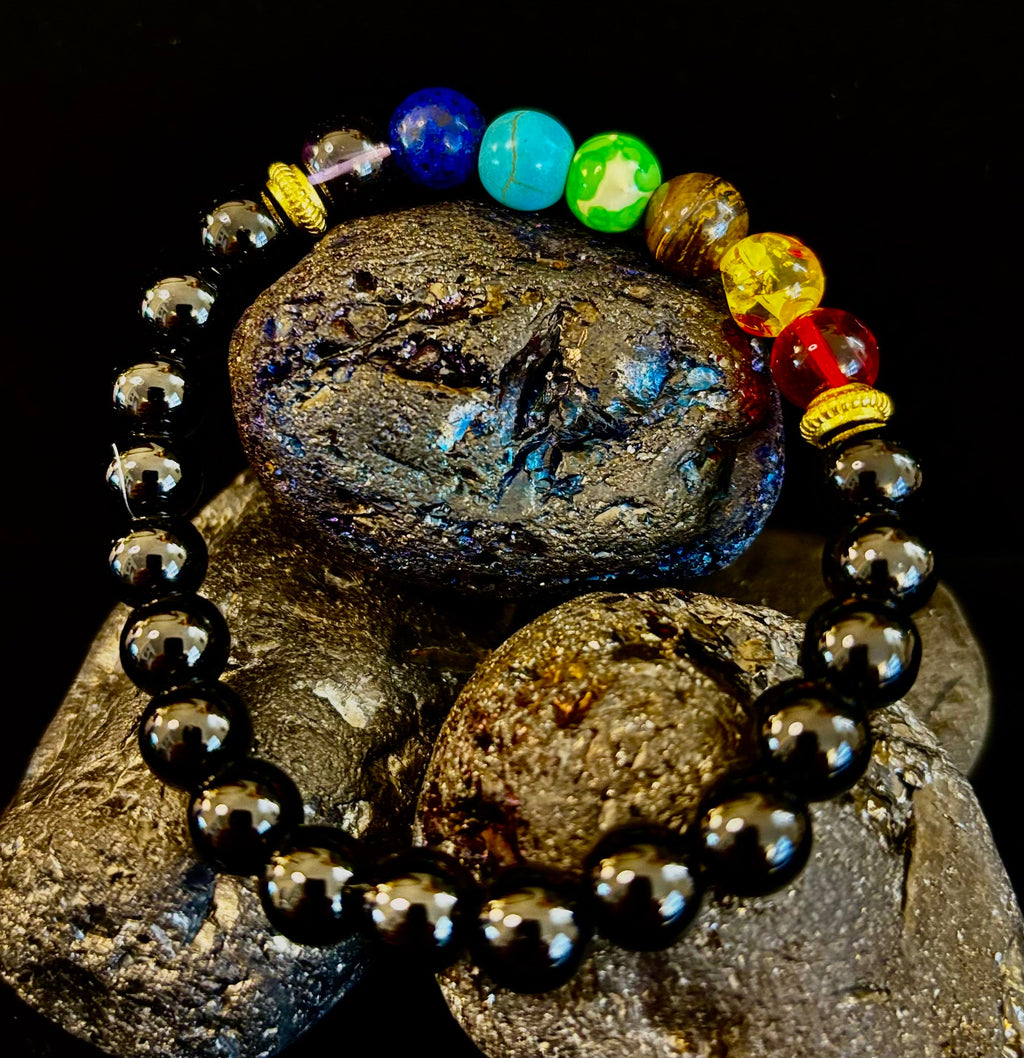 7 Chakra & Black Onyx Reiki-Infused Balance & Protection Bracelet (Medium Wrist)