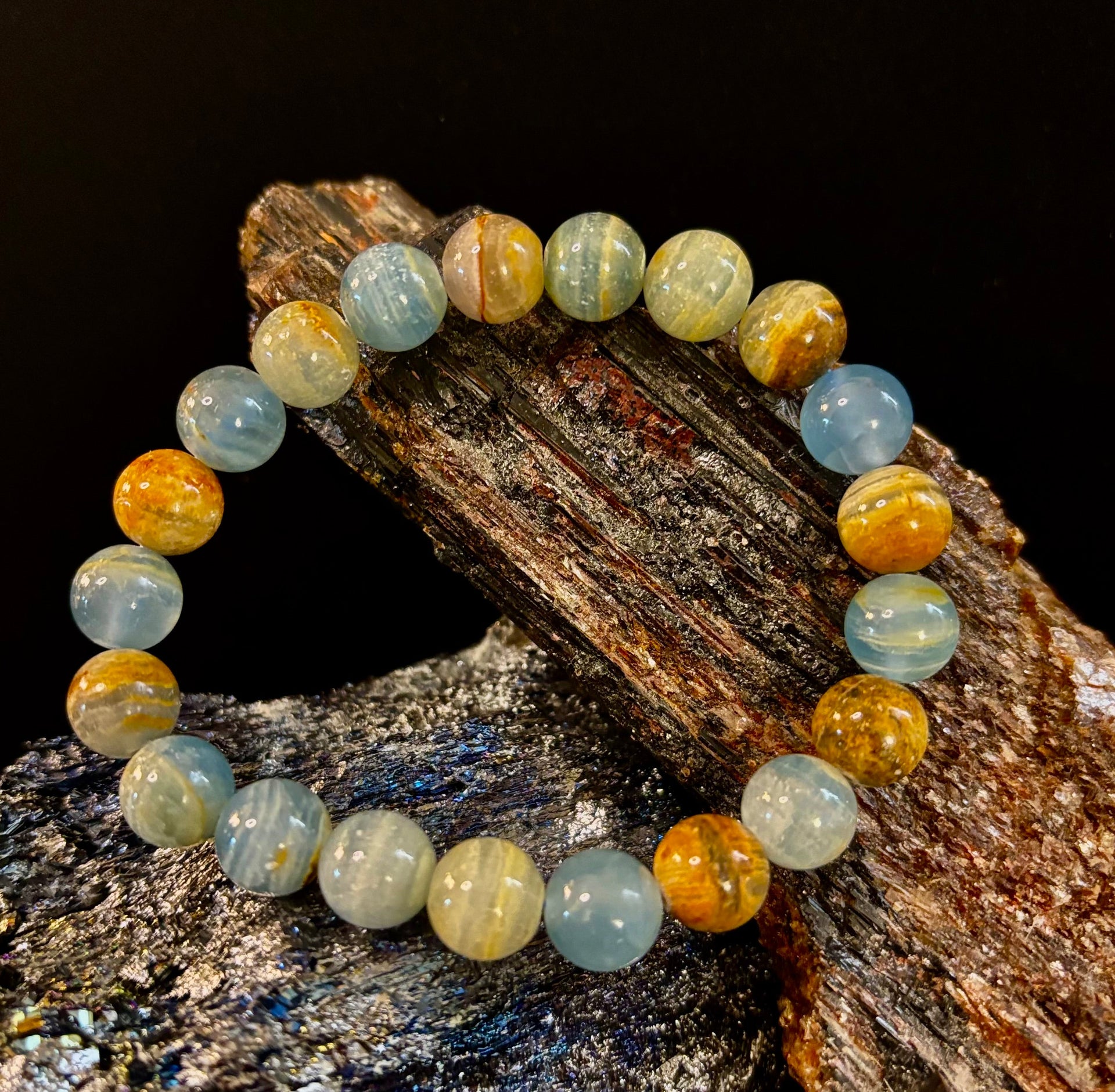 Aquatine Lemurian Calcite Bracelet (8mm) – Emotional Healing, Intuition & Inner Peace | Reiki-Infused Crystal Bracelet for Medium Wrists