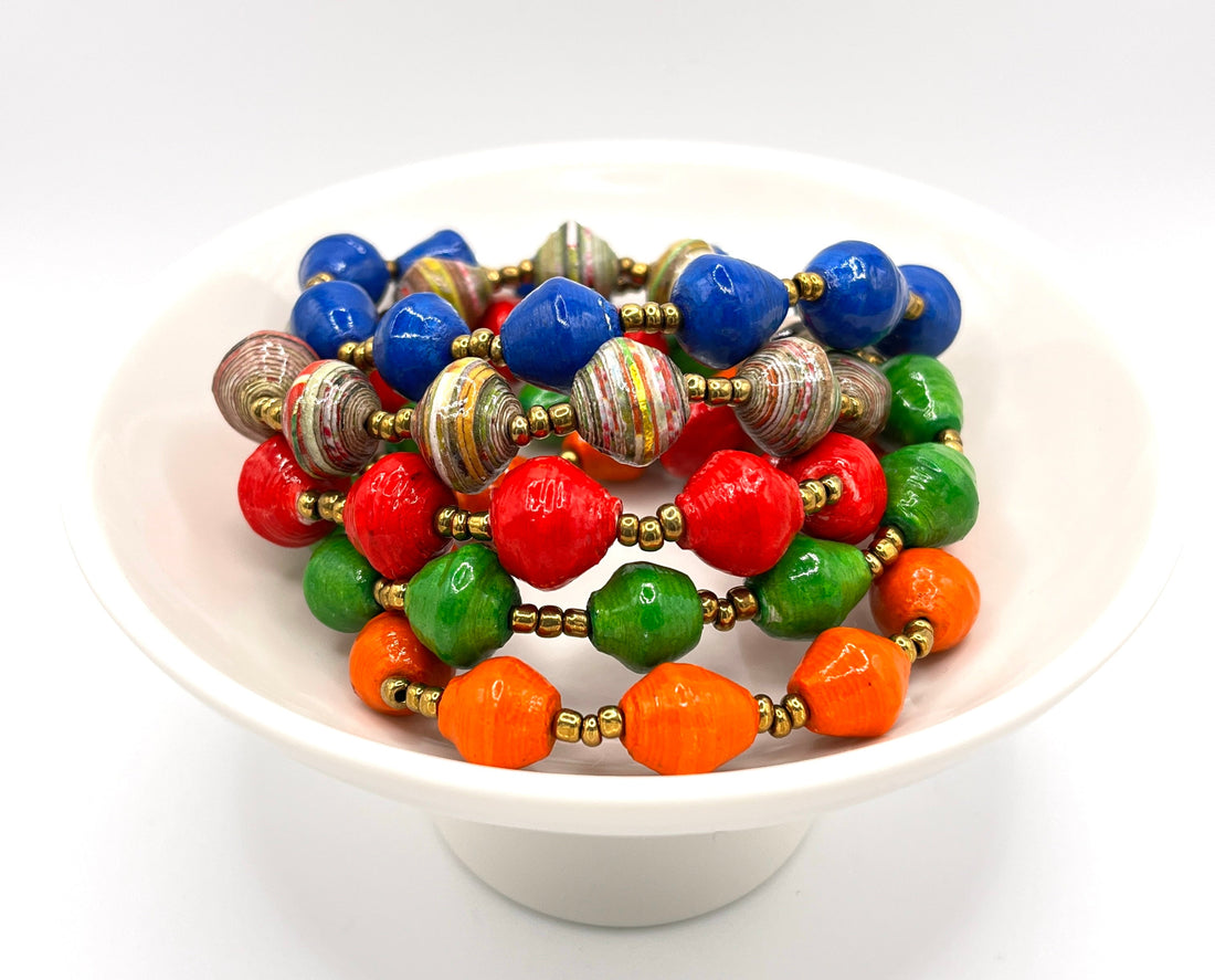 Set of 5 Bohemian Multicolored Paper Bead Bracelets