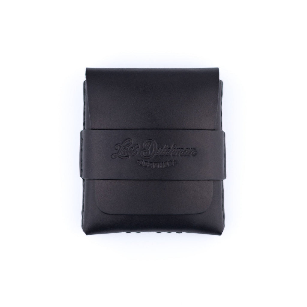 The Big Finn card holder in black full-grain leather showing hand-sewn details