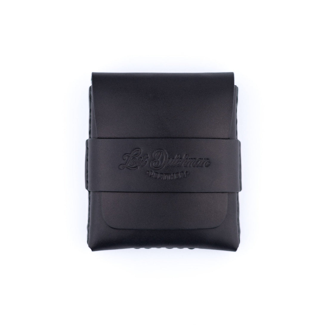 The Big Finn card holder in black full-grain leather showing hand-sewn details