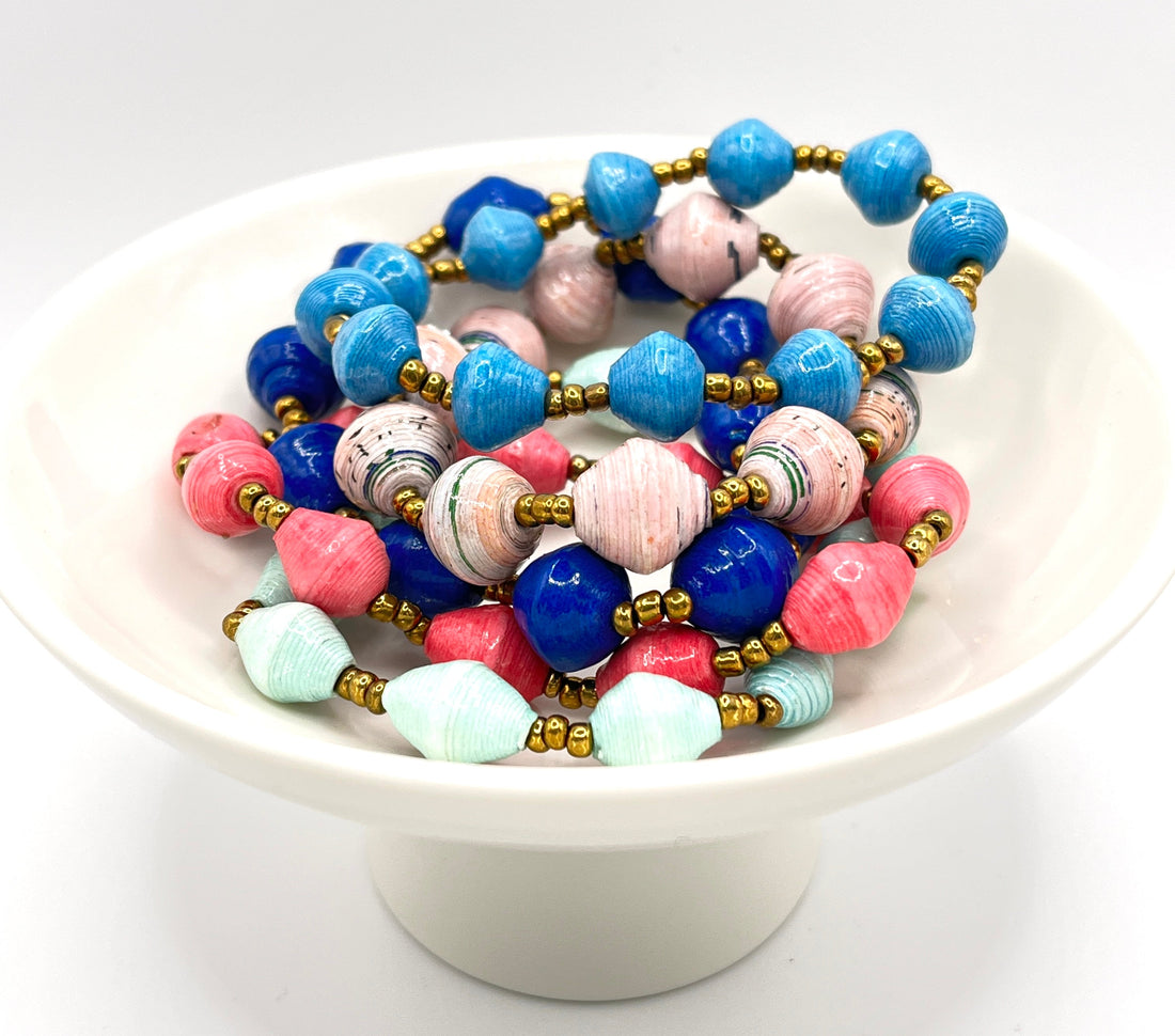 Set of 5 Bohemian Multicolored Paper Bead Bracelets