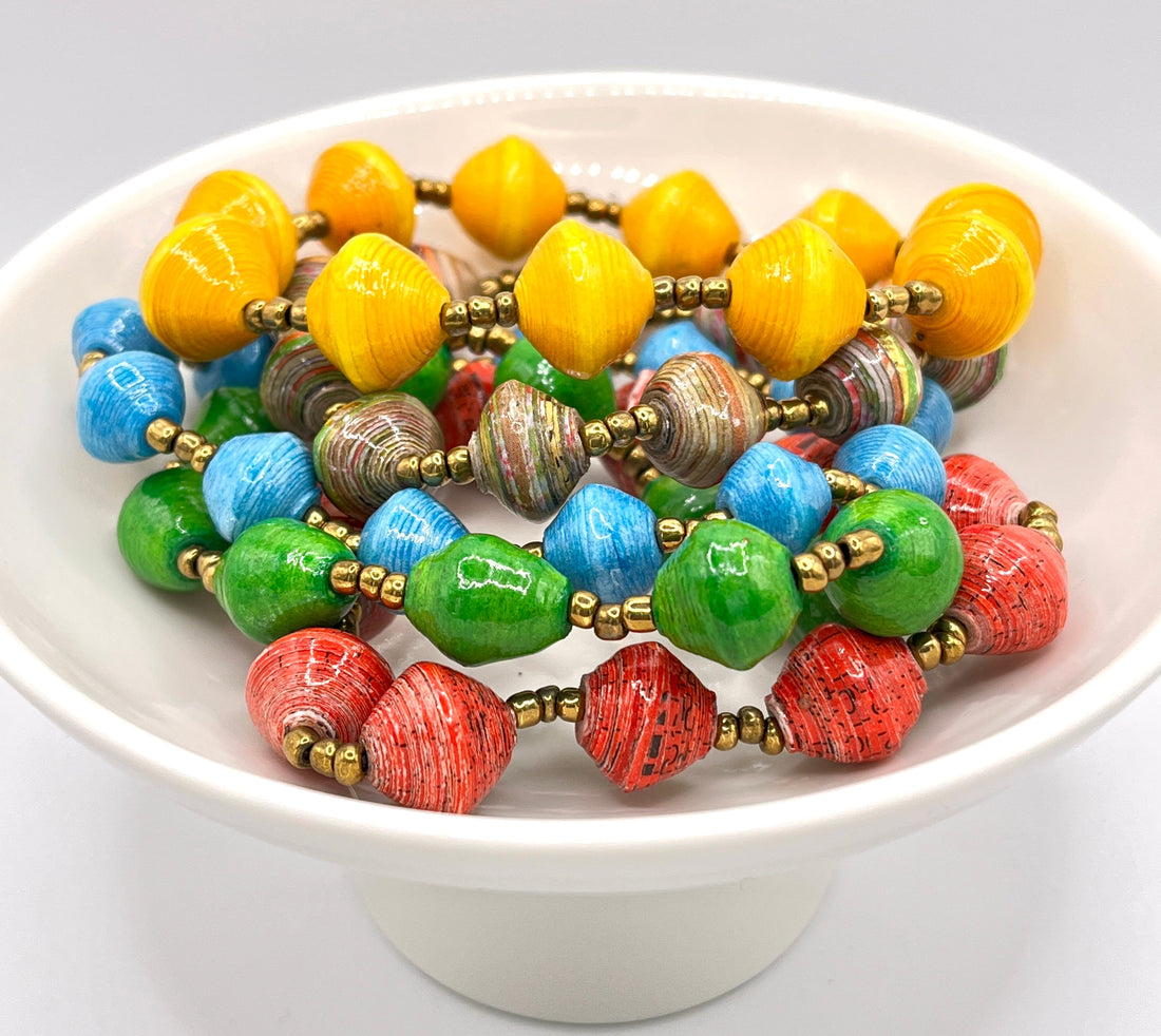 Set of 5 Bohemian Multicolored Paper Bead Bracelets