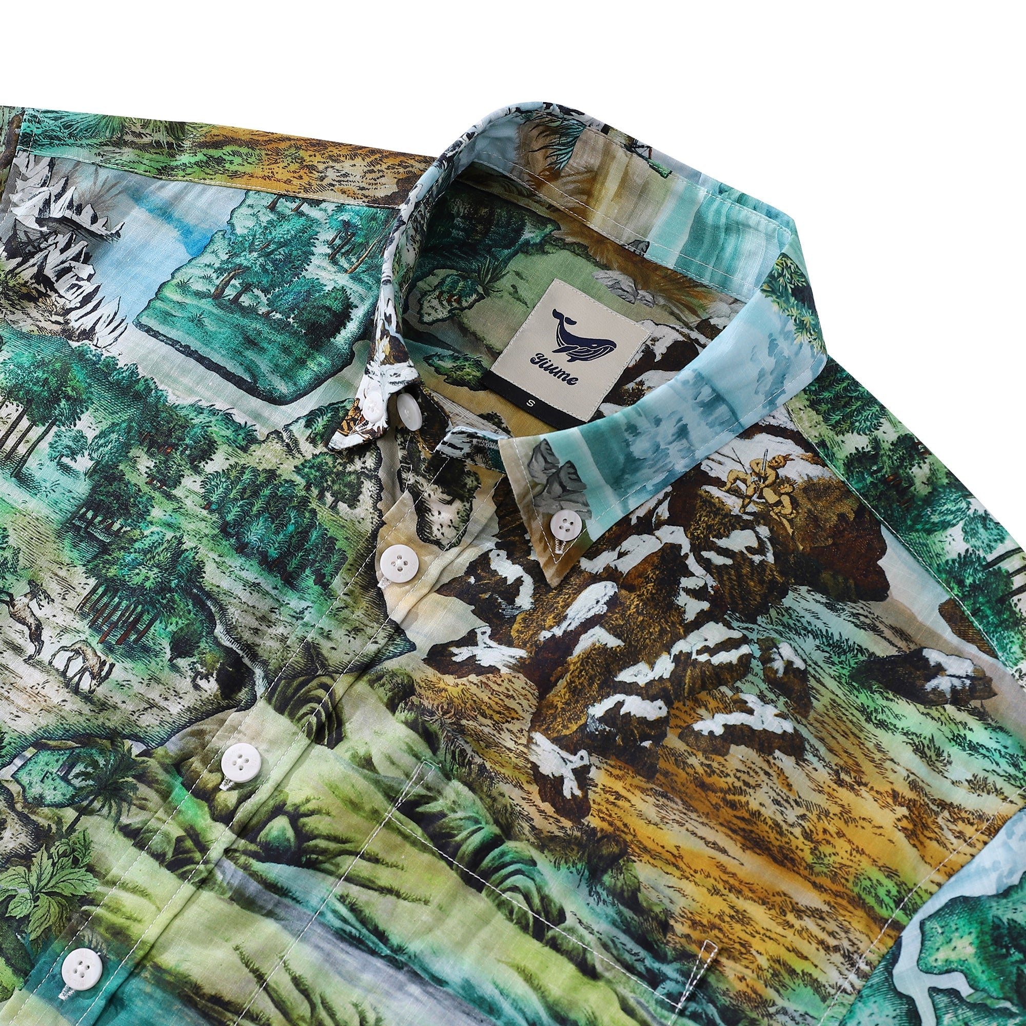 Men's Vintage Map Print Cotton Short Sleeve Aloha Shirt