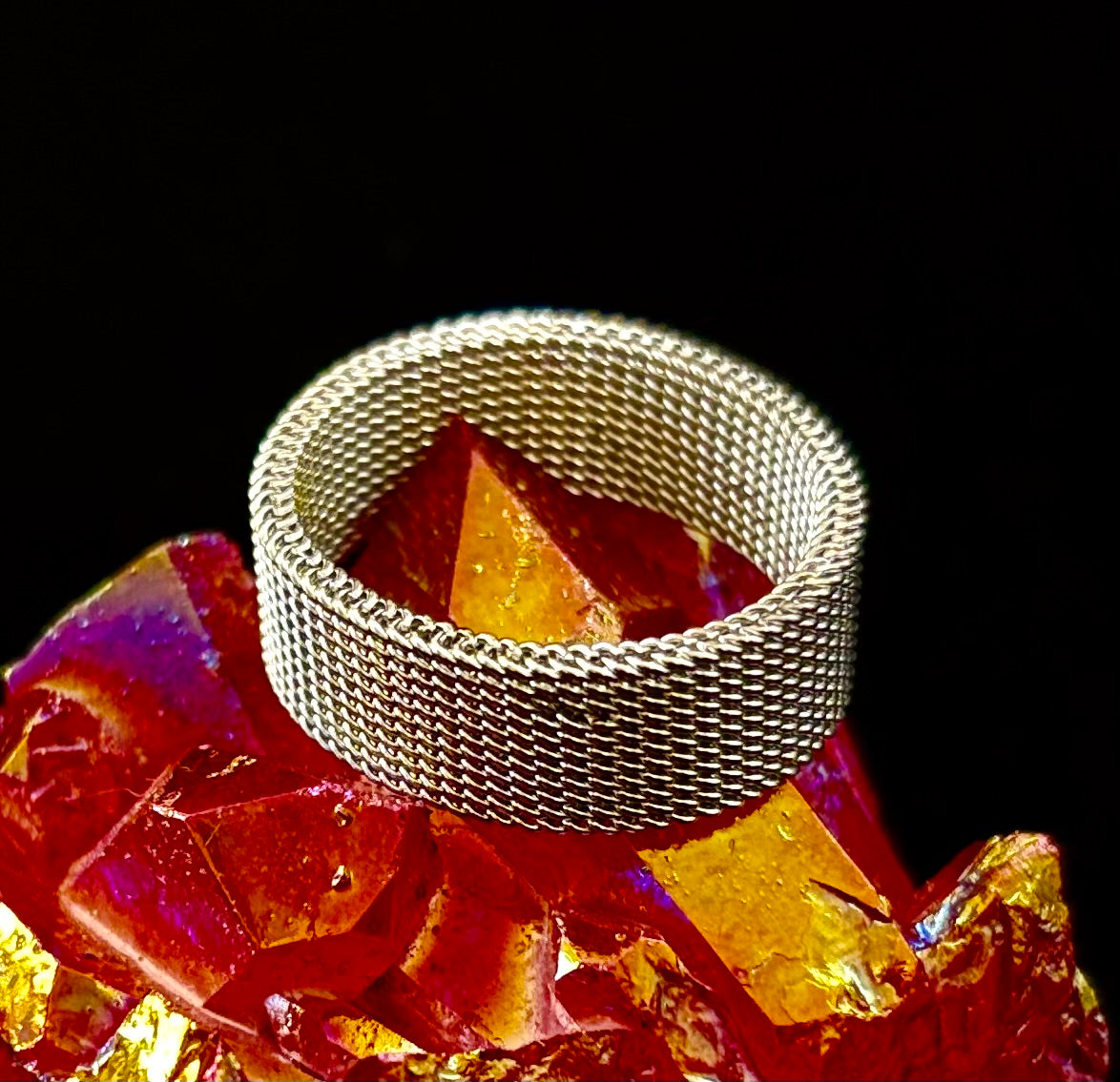 Unisex Stainless Steel Mesh Ring – Flexible, Modern Band in Black, Rose Gold & Silver Tones