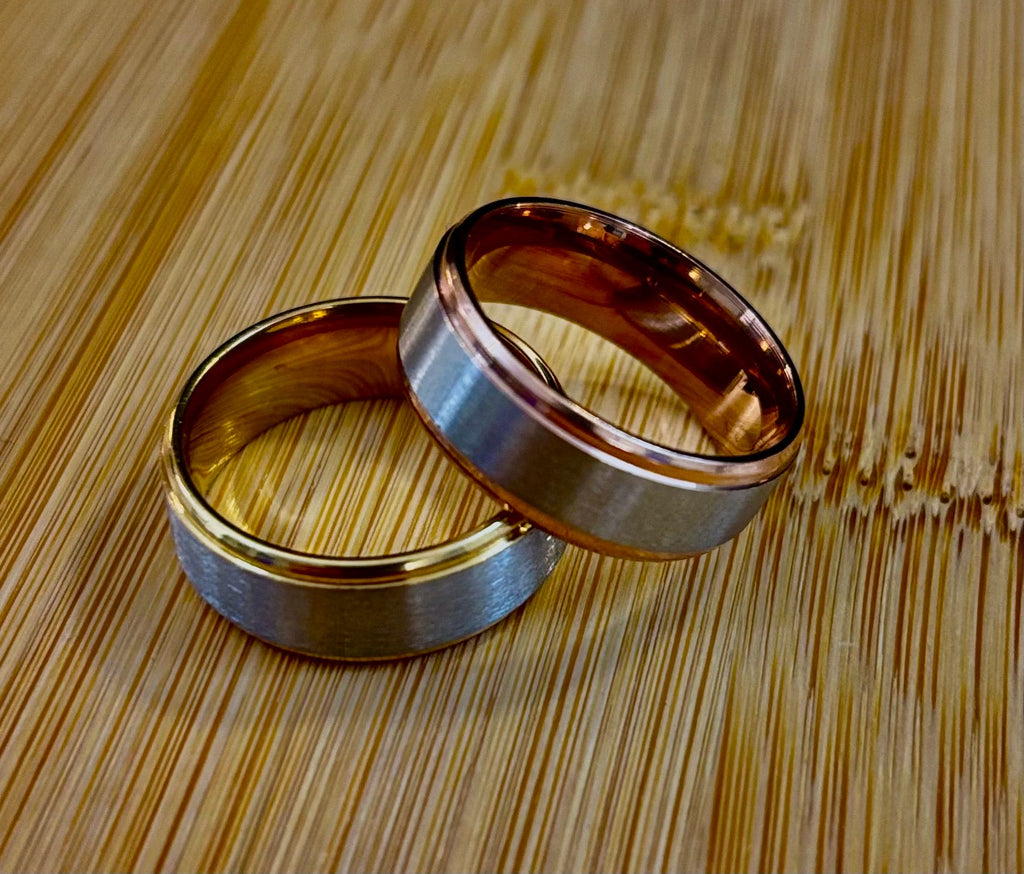 Stainless Steel & Titanium Steel Band Ring – Brushed Finish in Yellow Gold or Rose Gold Tone