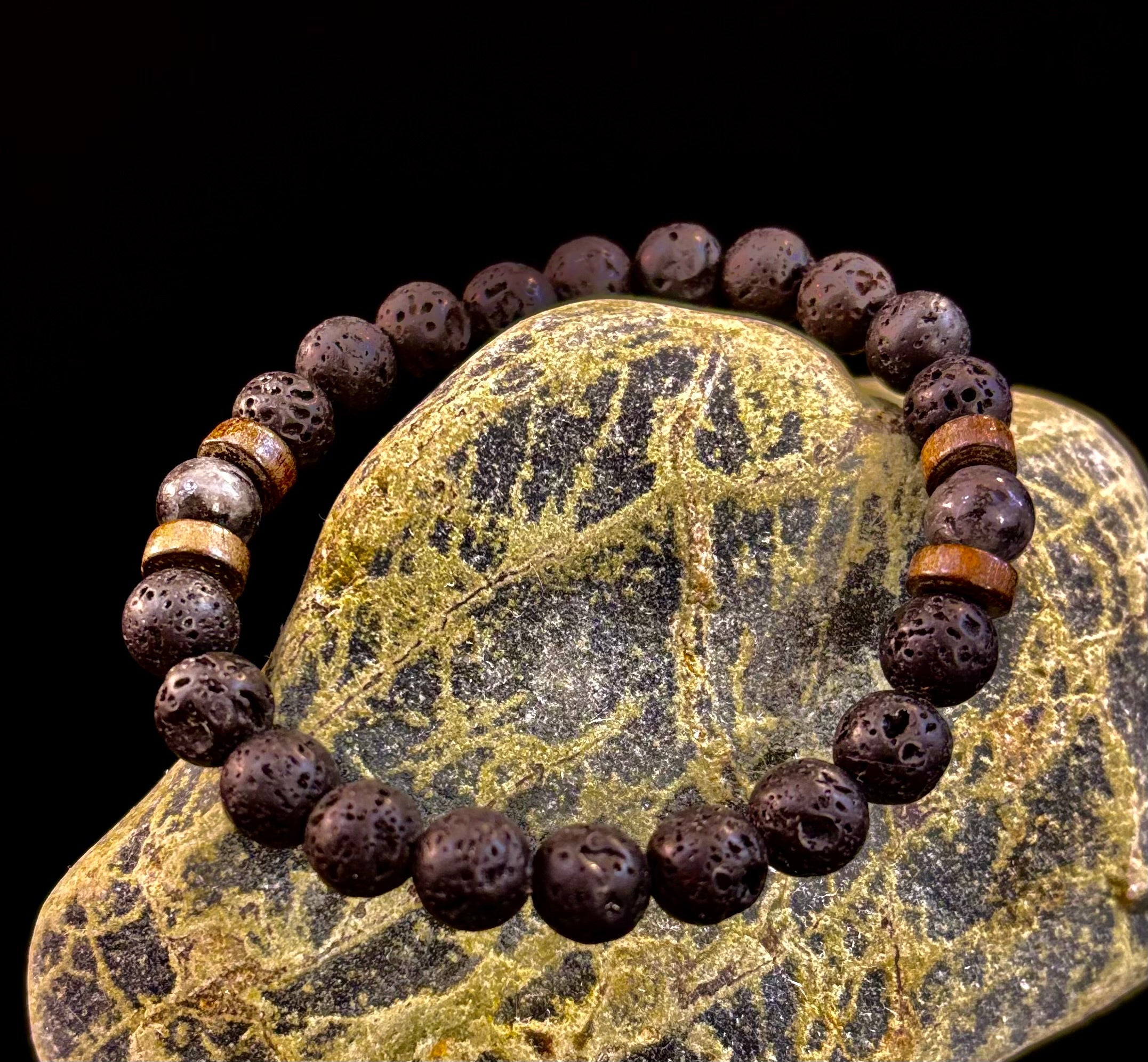 Men’s Lava Rock & Black Stone Bracelet – Natural Blue, Gray or Brown Accent Stones | Medium–Large Wrist