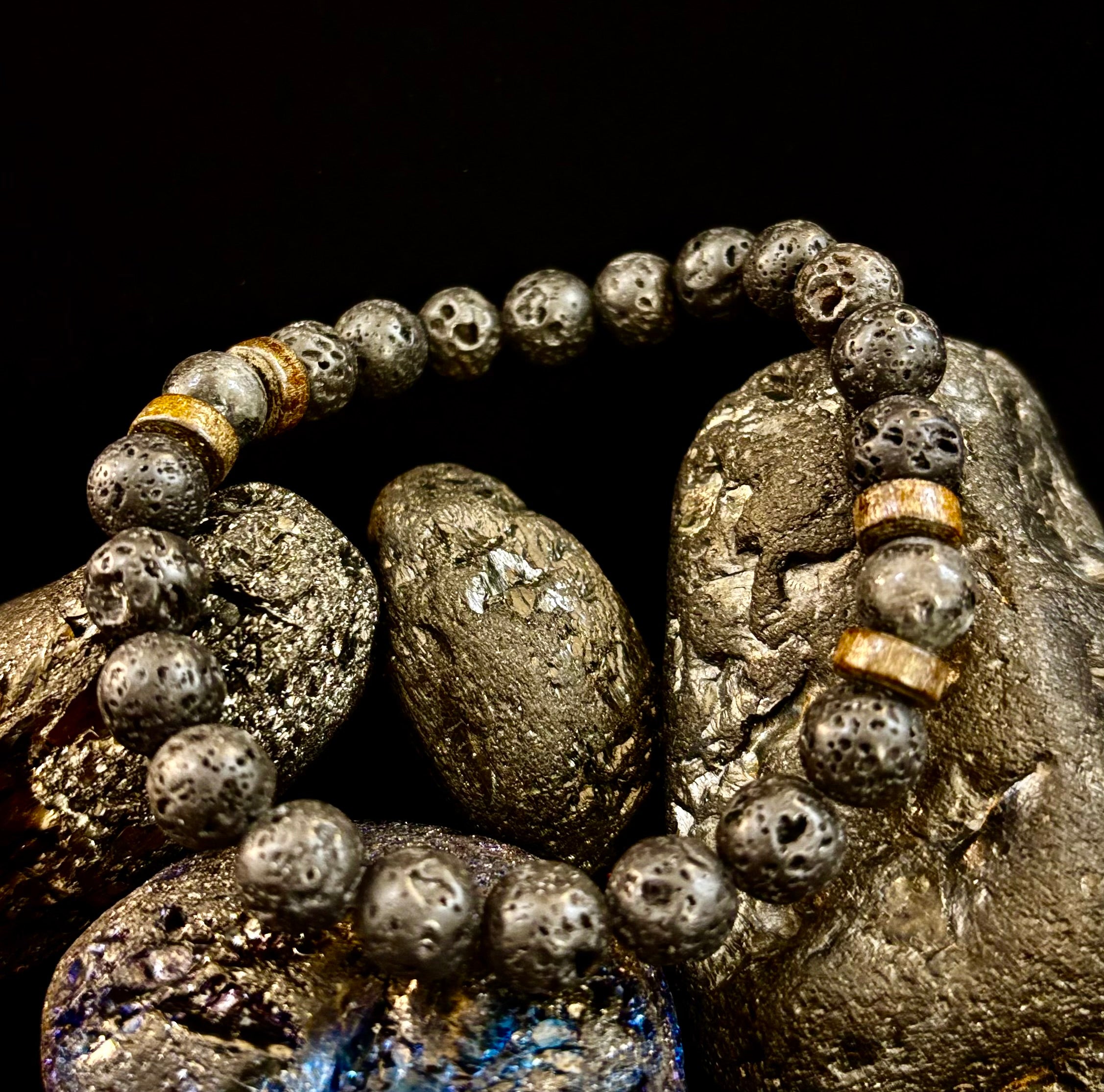 Men’s Lava Rock & Black Stone Bracelet – Natural Blue, Gray or Brown Accent Stones | Medium–Large Wrist