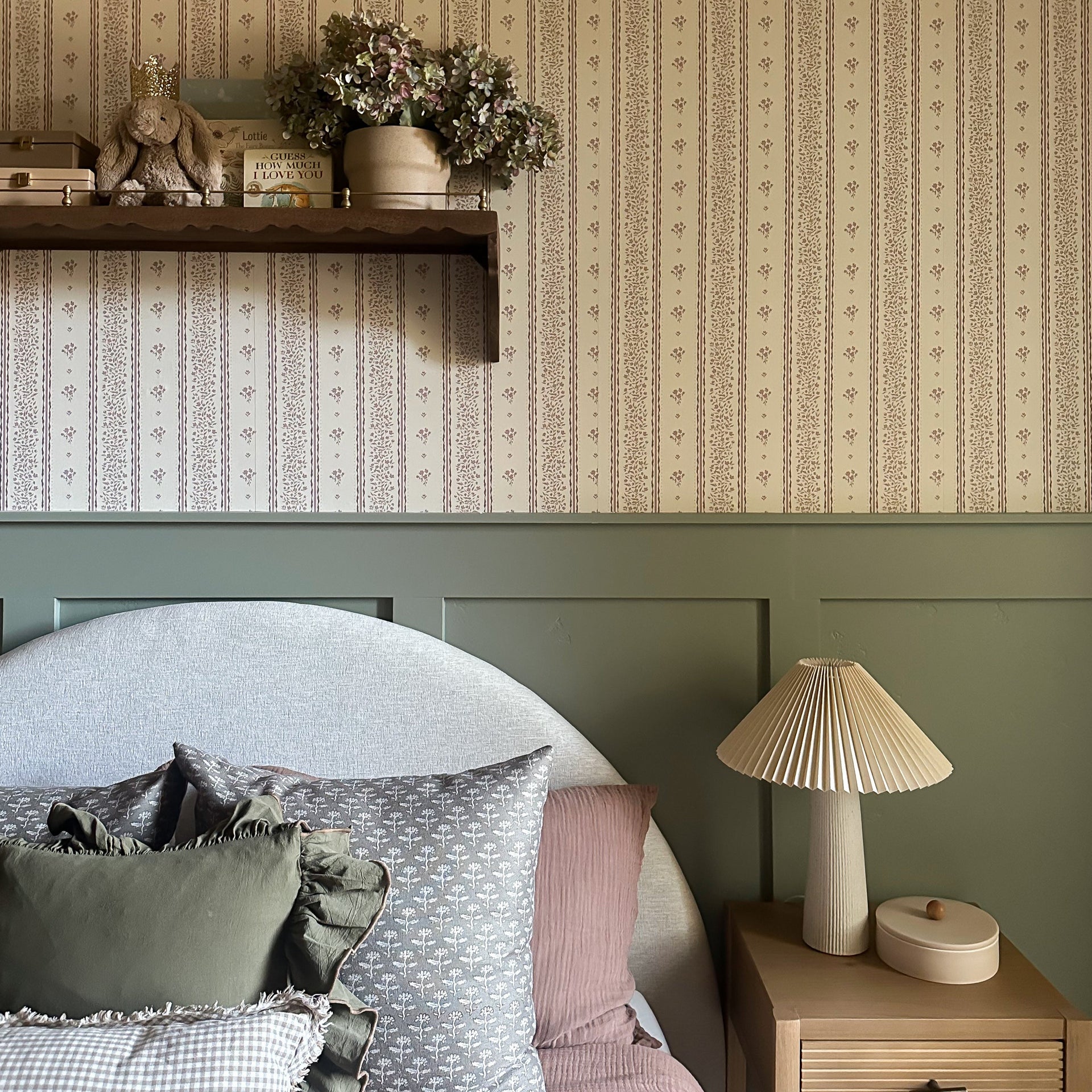 Lyla Striped Wallpaper in Burgundy, Blue, and Cream
