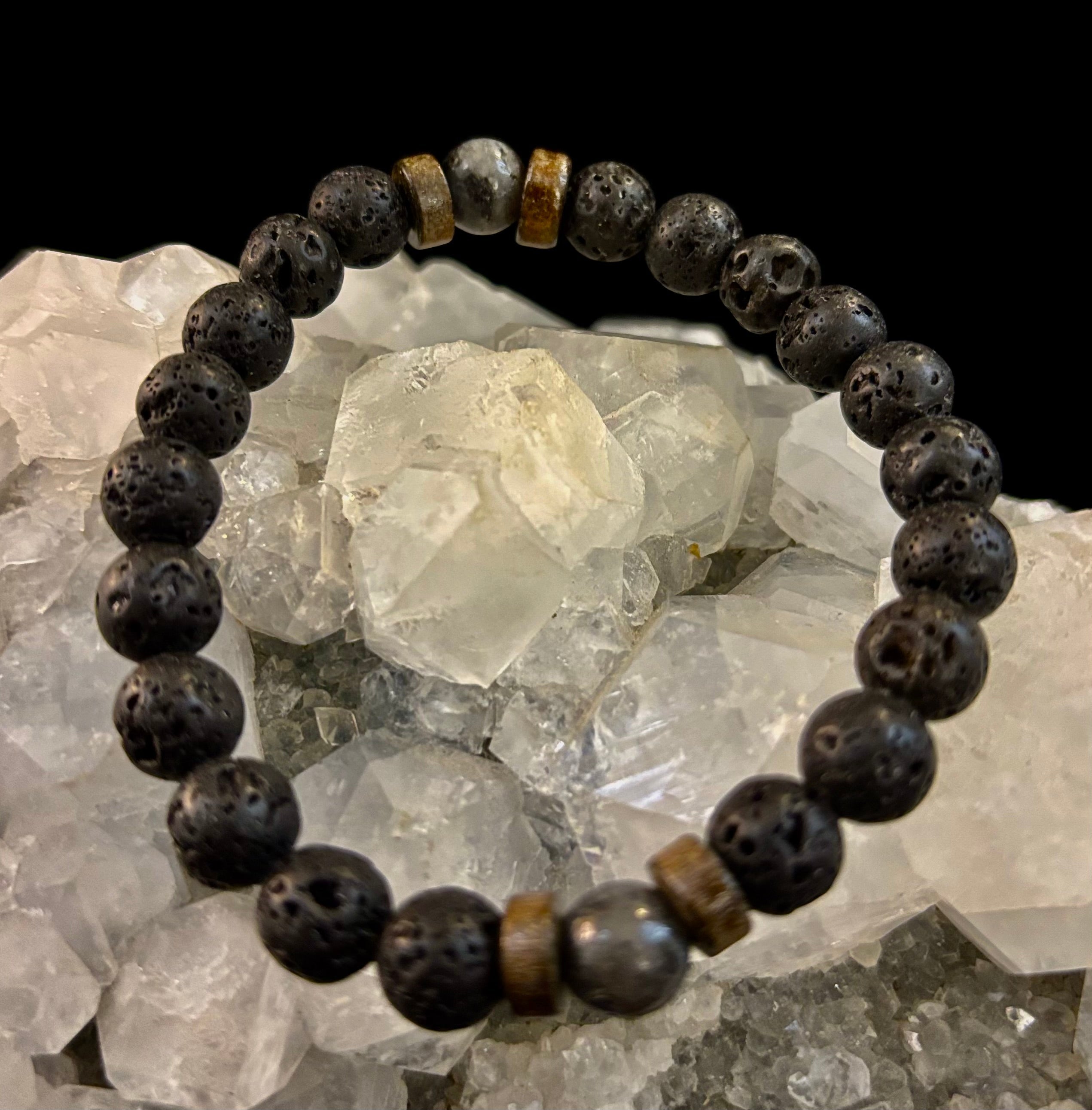 Men’s Lava Rock & Black Stone Bracelet – Natural Blue, Gray or Brown Accent Stones | Medium–Large Wrist