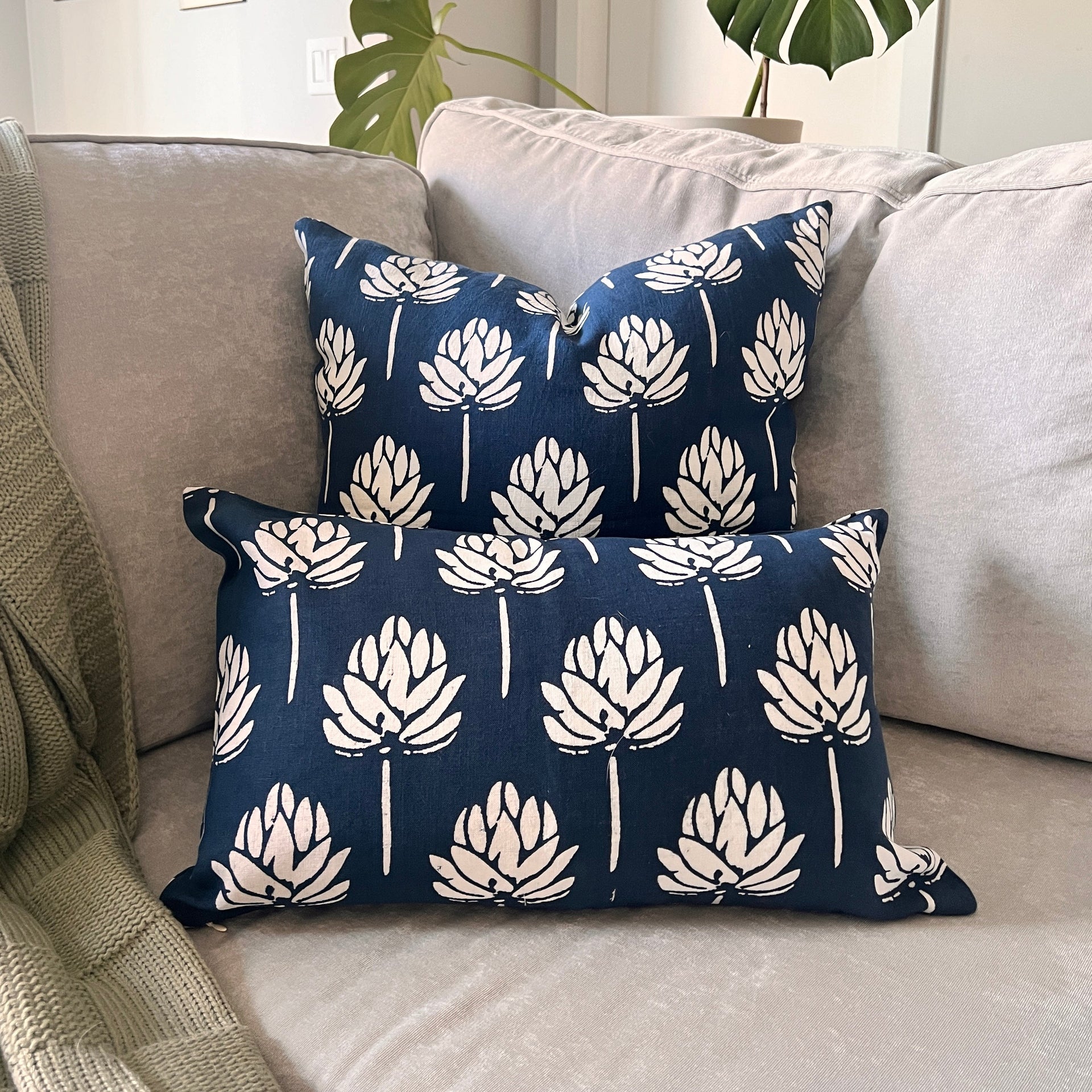 Lotus Bloom Pure Linen Throw Pillow Cover in Navy Blue