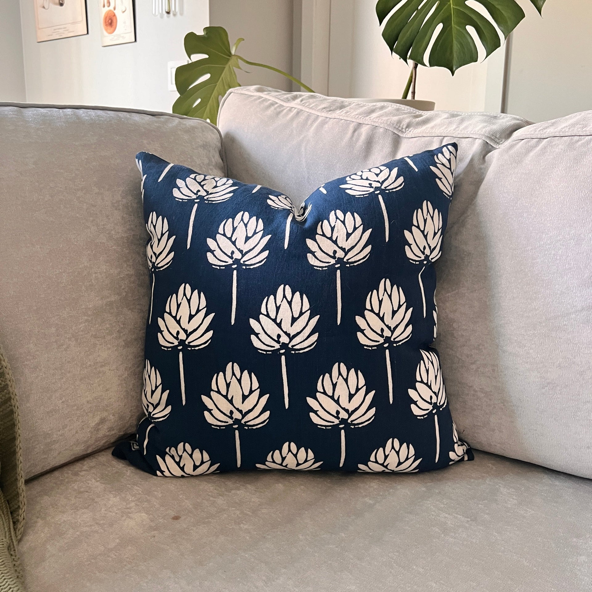 Lotus Bloom Pure Linen Throw Pillow Cover in Navy Blue