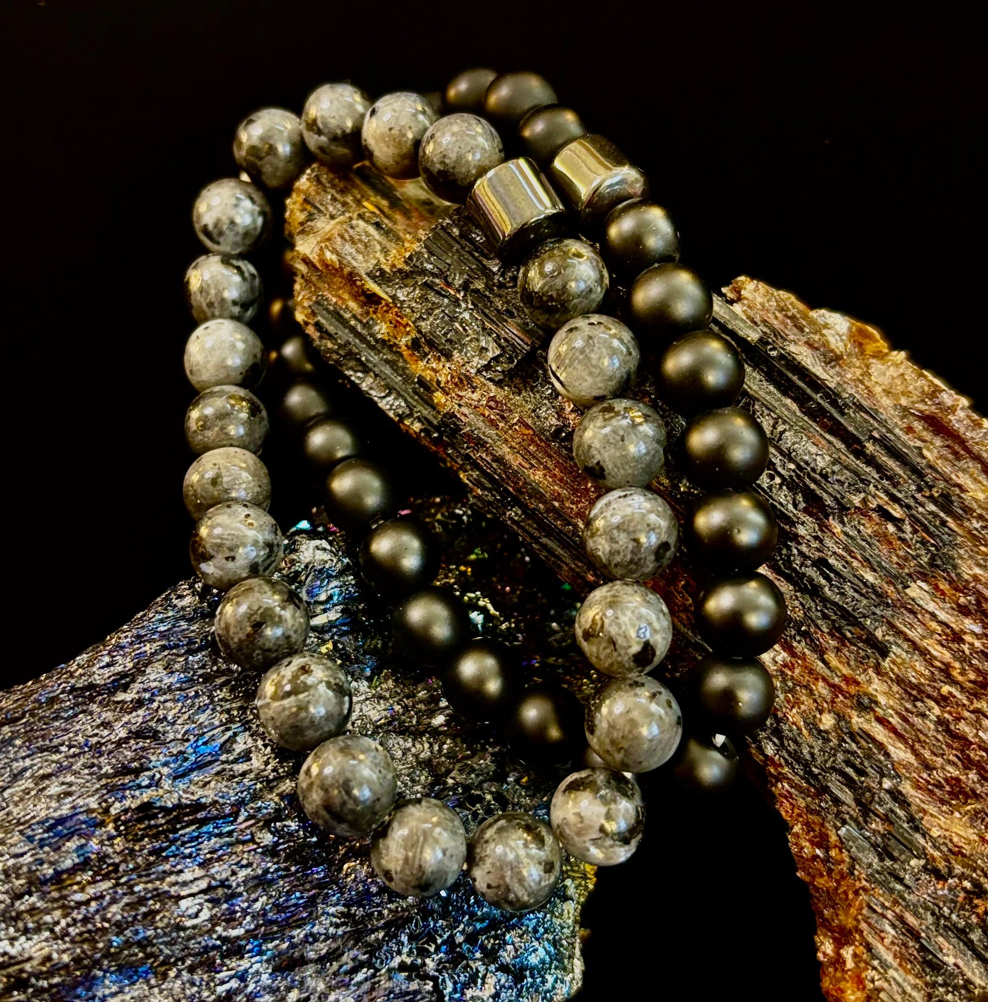 Black & Gray Faux Stone Bracelet Set (Set of 2)