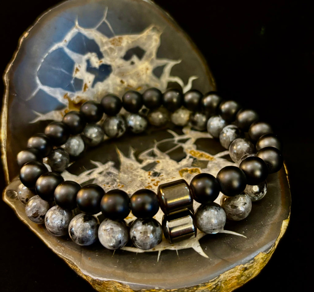 Black & Gray Faux Stone Bracelet Set (Set of 2)