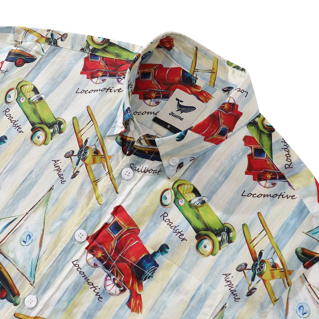 Men's Vintage Travel Print Cotton Button-Down Short Sleeve Shirt