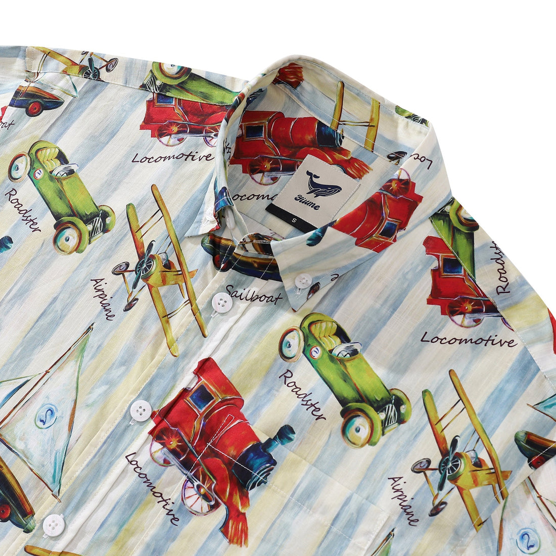 Men's Vintage Travel Print Cotton Button-Down Short Sleeve Shirt