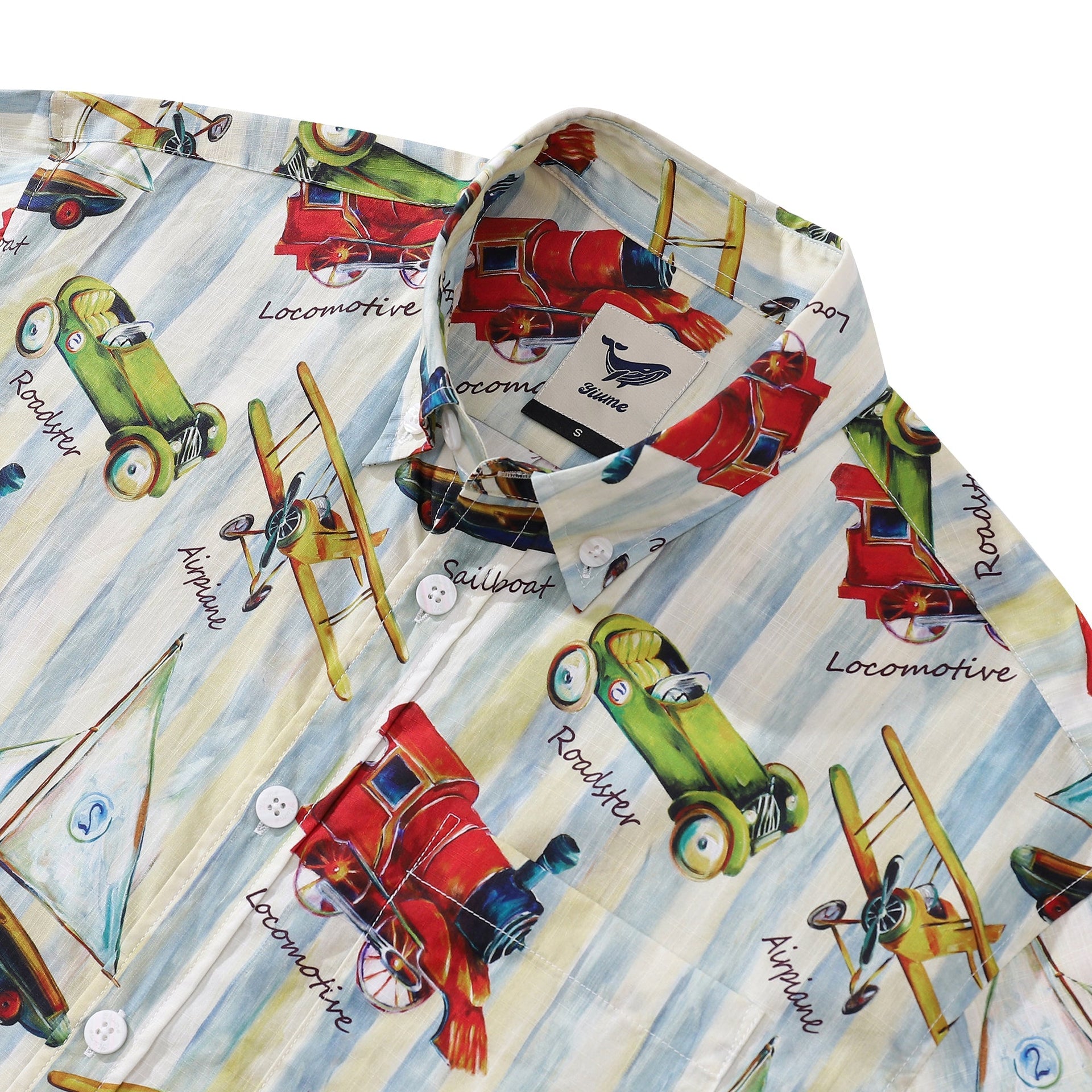 Men's Vintage Travel Print Cotton Button-Down Short Sleeve Shirt