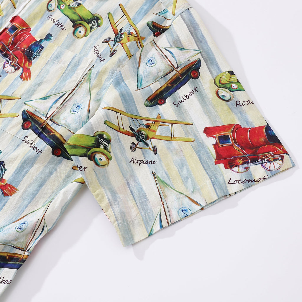 Men's Vintage Travel Print Cotton Button-Down Short Sleeve Shirt