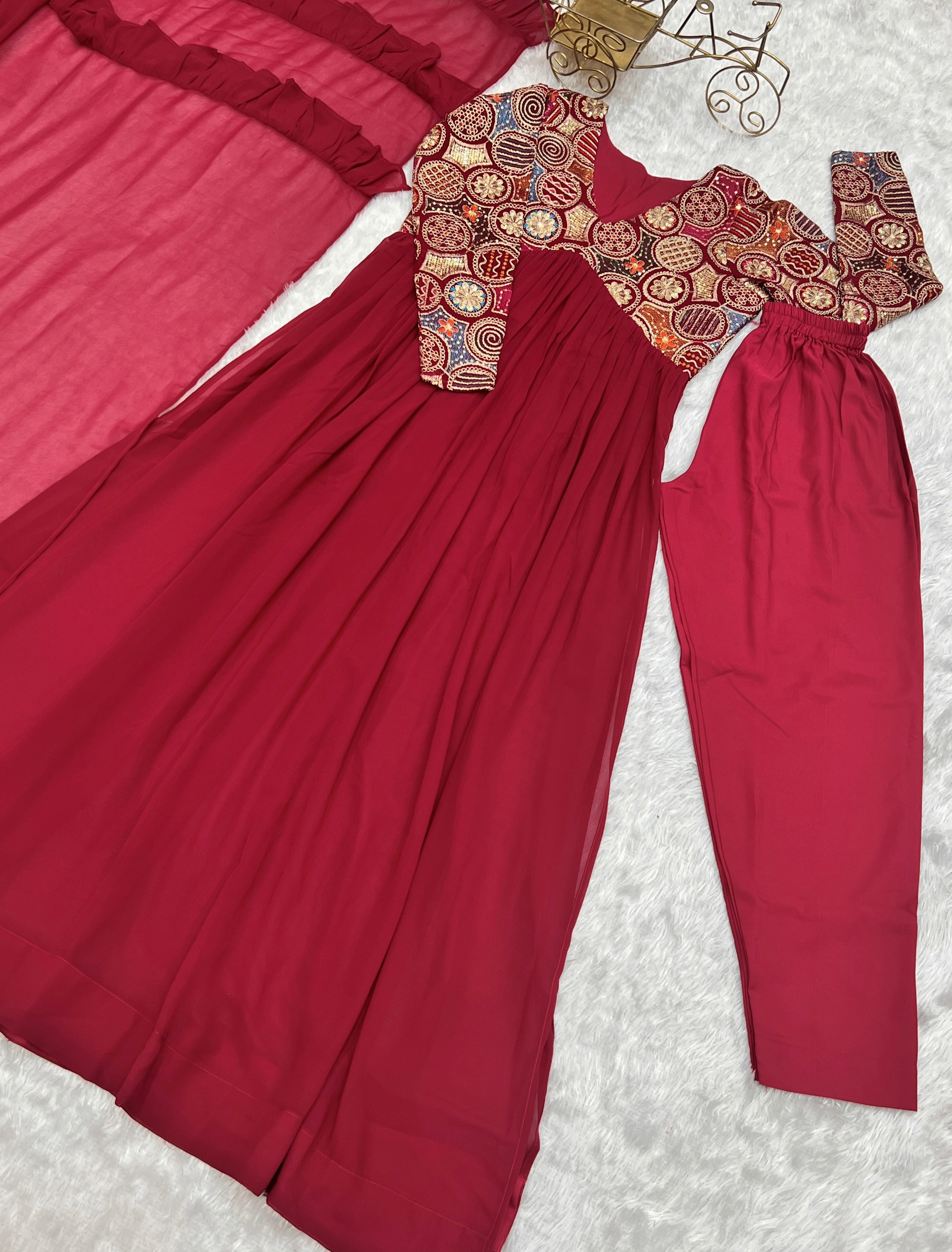 Lorenvalley Fashion Red Heavy Soft Georgette With Embroidered Work Fully Flared Anarkali Pant With Dupatta Set - Red