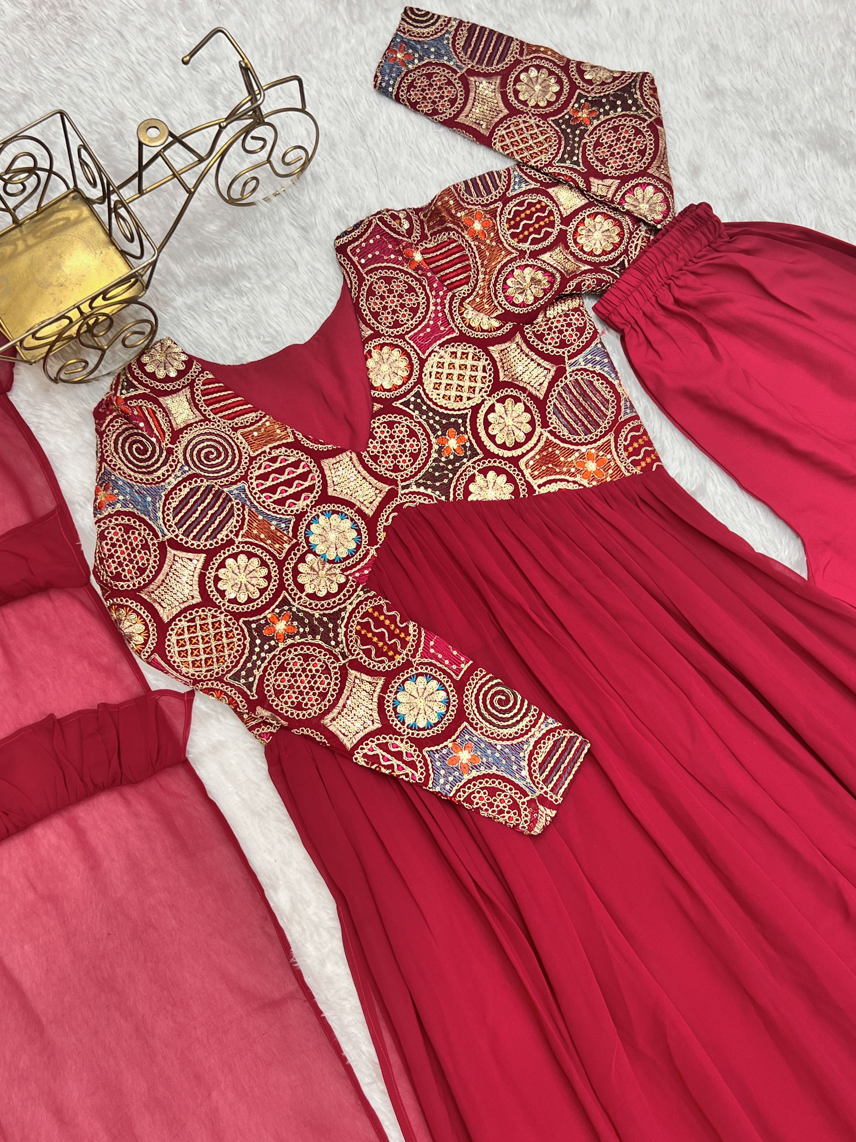 Lorenvalley Fashion Red Heavy Soft Georgette With Embroidered Work Fully Flared Anarkali Pant With Dupatta Set - Red