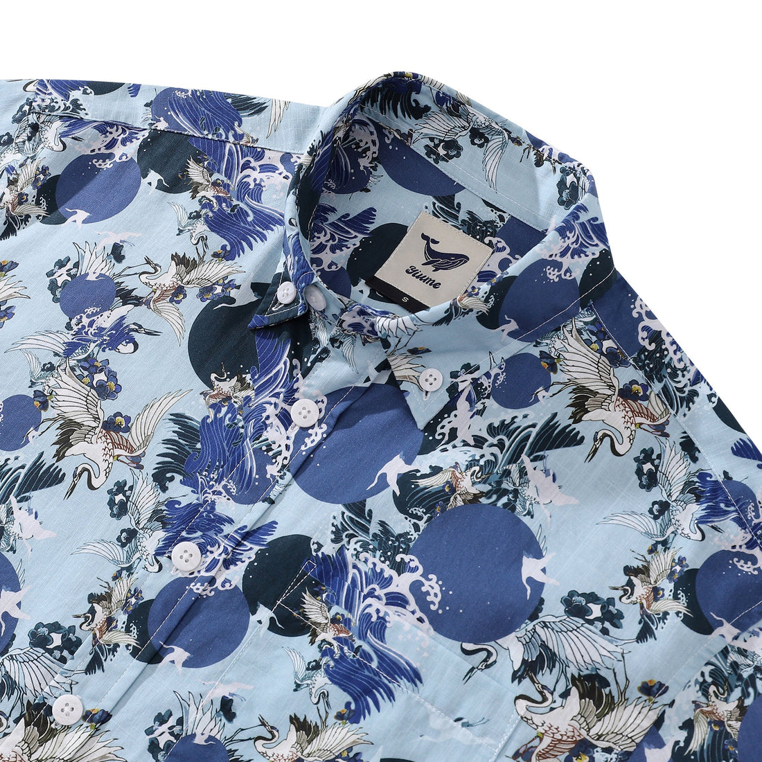 Men's Crane Wave Print Cotton Button-Down Aloha Shirt