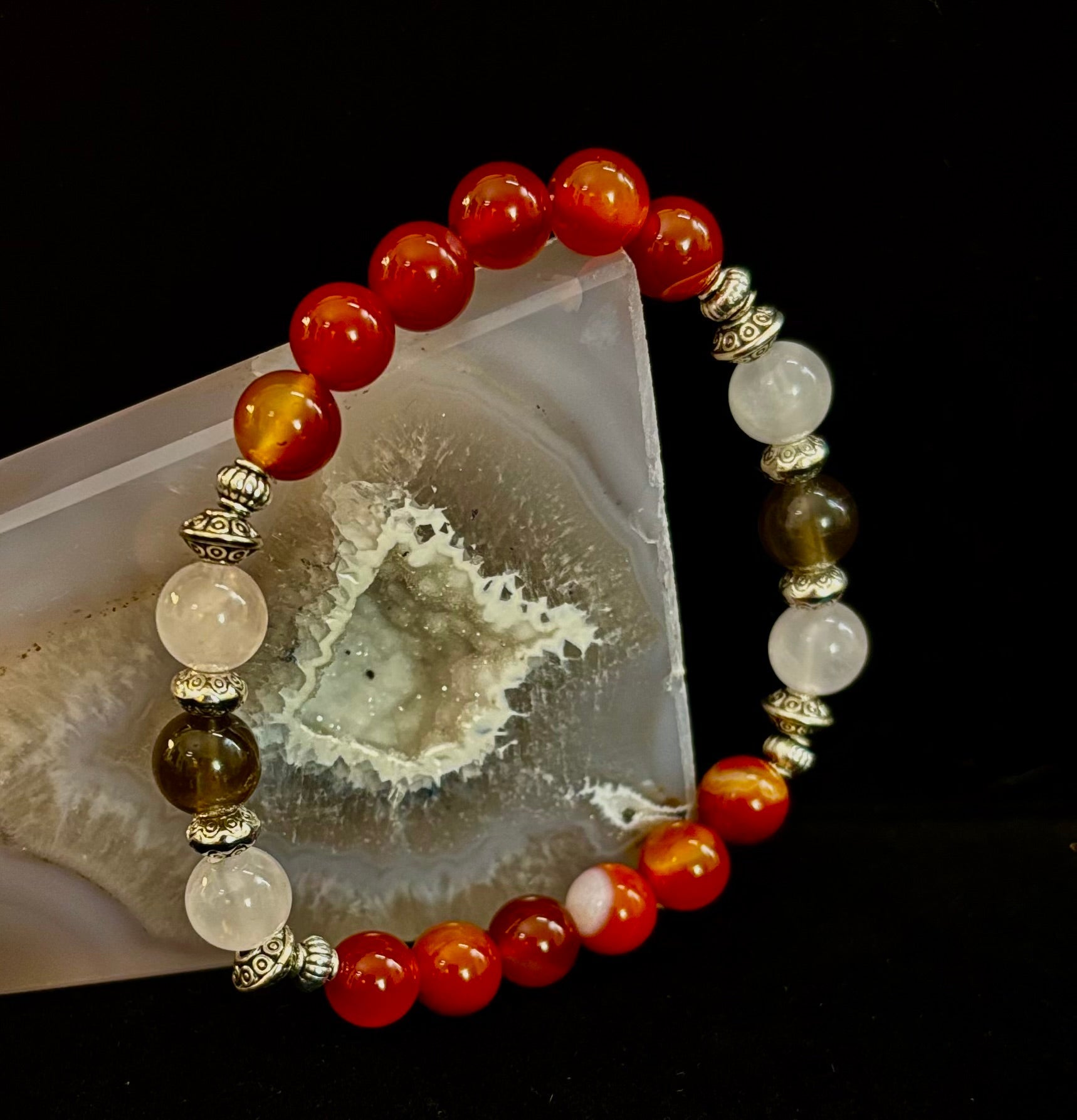 Grief & Loss Support Intention Bracelet – Reiki-Infused Carnelian, Rose Quartz & Smoky Quartz