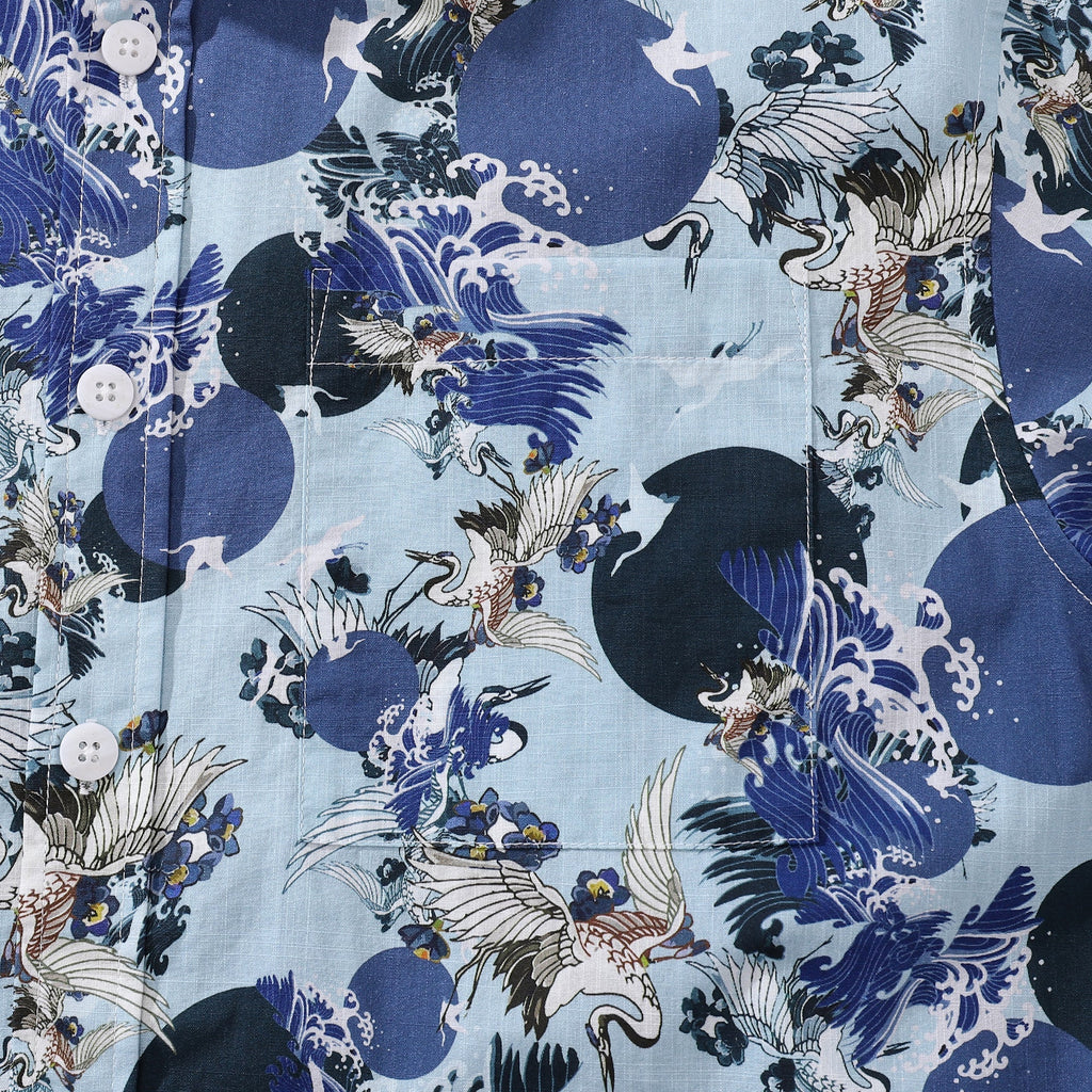 Men's Crane Wave Print Cotton Button-Down Aloha Shirt
