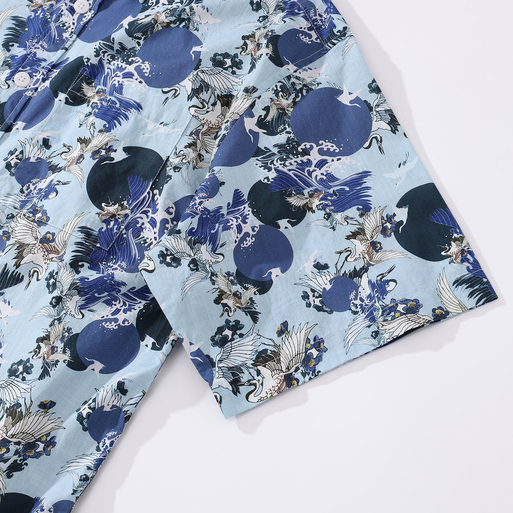 Men's Crane Wave Print Cotton Button-Down Aloha Shirt