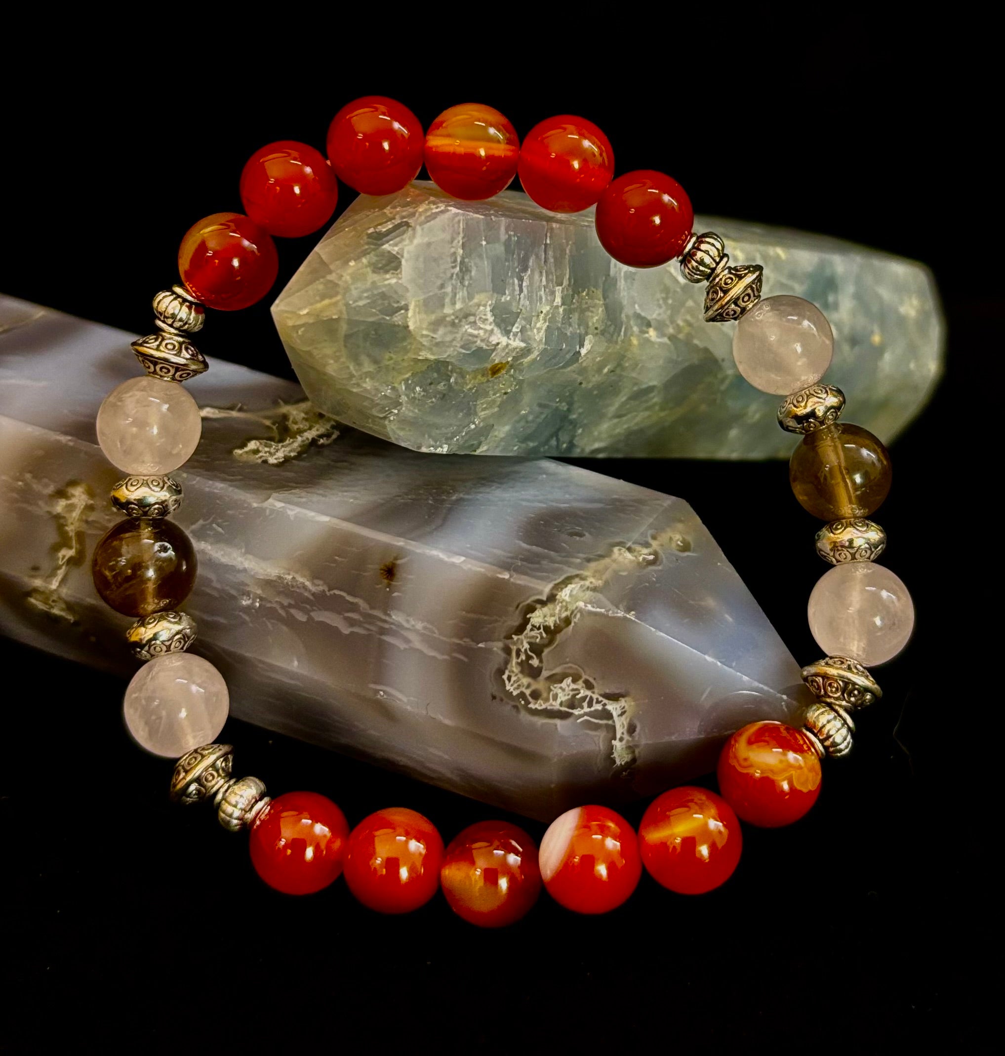 Grief & Loss Support Intention Bracelet – Reiki-Infused Carnelian, Rose Quartz & Smoky Quartz