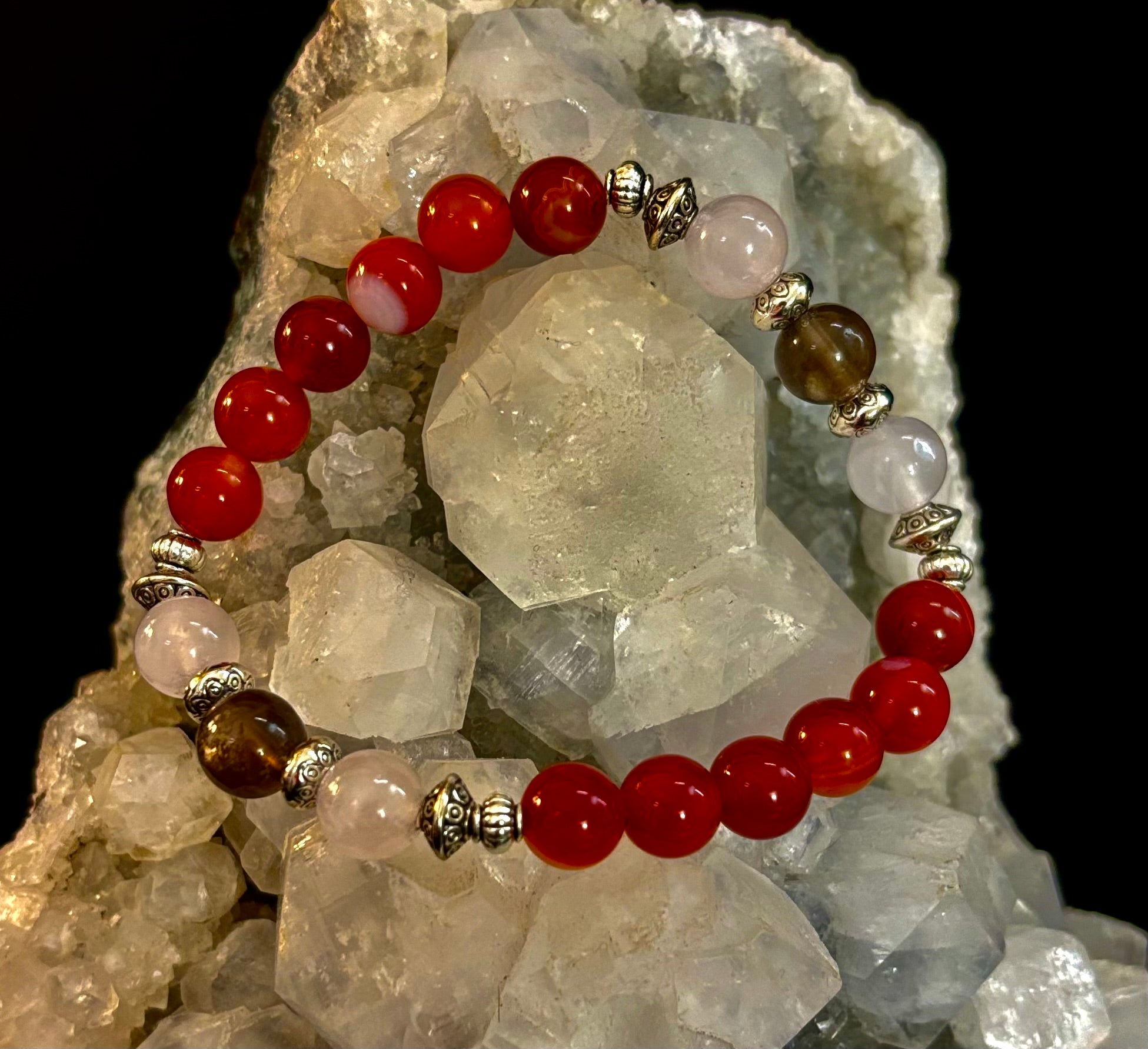 Grief & Loss Support Intention Bracelet – Reiki-Infused Carnelian, Rose Quartz & Smoky Quartz