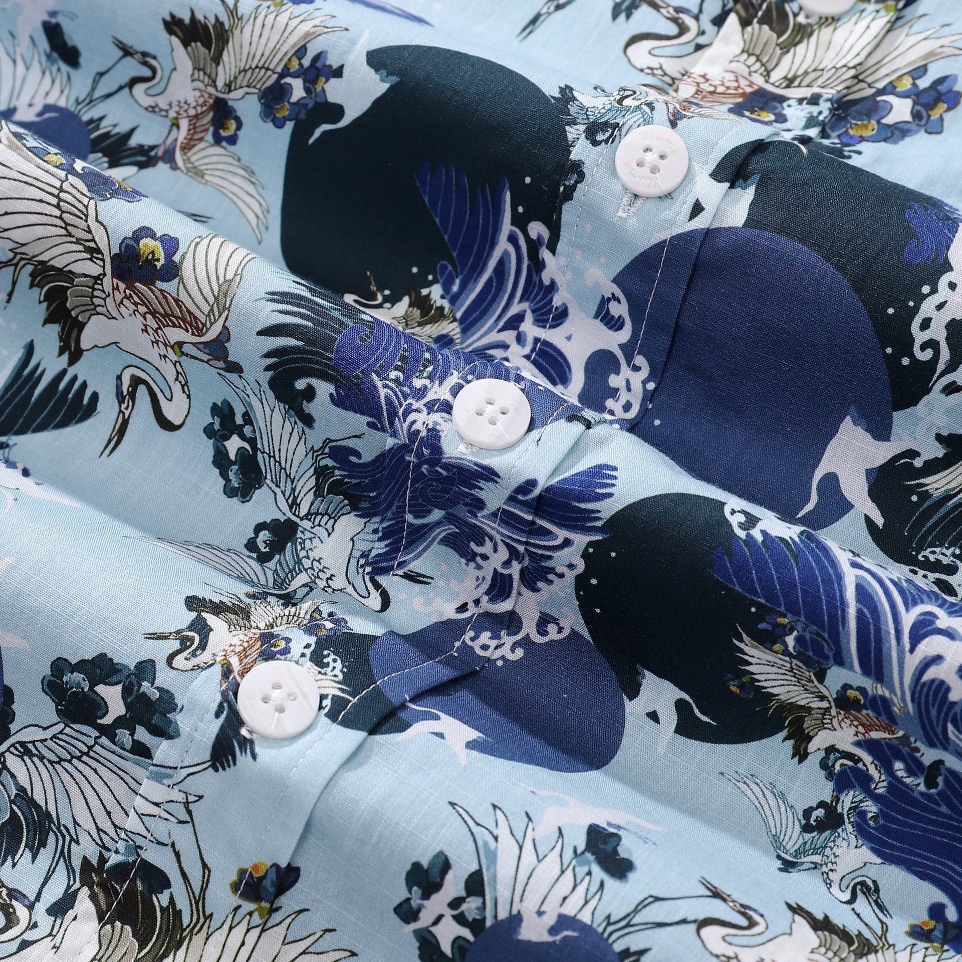 Men's Crane Wave Print Cotton Button-Down Aloha Shirt