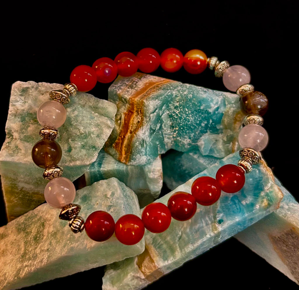 Grief & Loss Support Intention Bracelet – Reiki-Infused Carnelian, Rose Quartz & Smoky Quartz