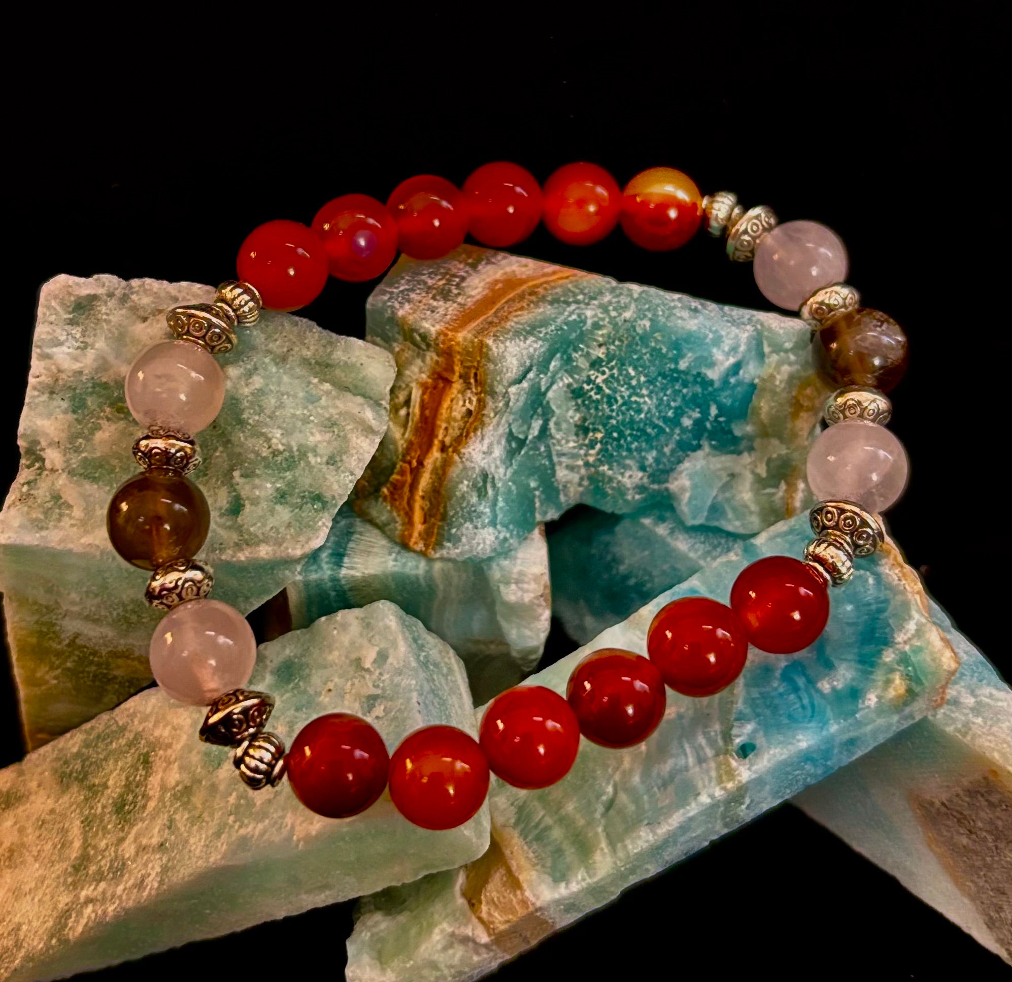 Grief & Loss Support Intention Bracelet – Reiki-Infused Carnelian, Rose Quartz & Smoky Quartz
