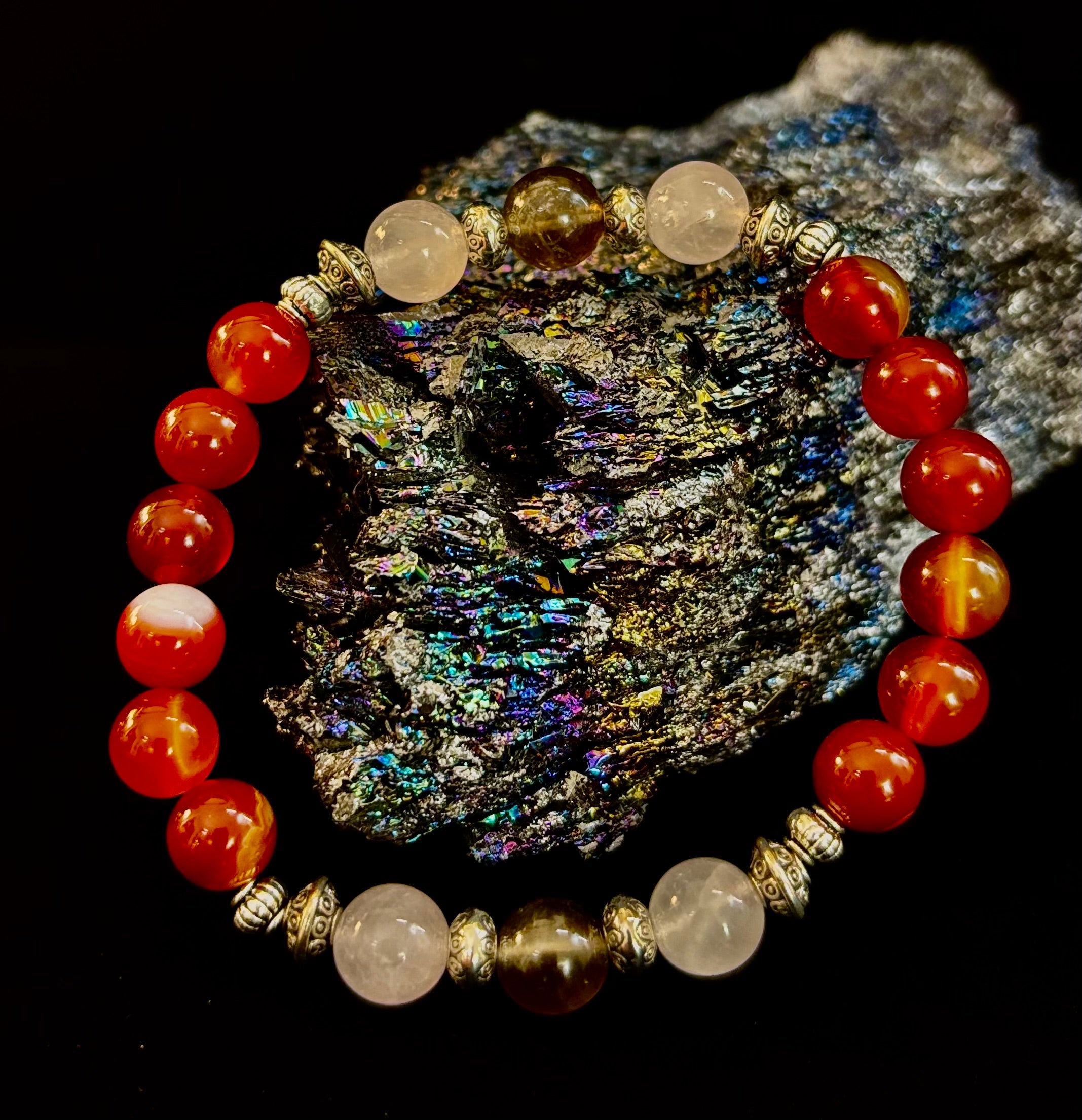 Grief & Loss Support Intention Bracelet – Reiki-Infused Carnelian, Rose Quartz & Smoky Quartz