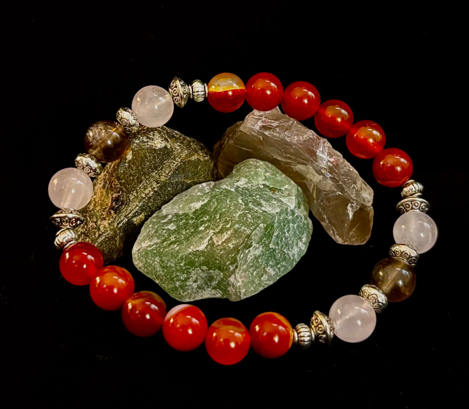 Grief & Loss Support Intention Bracelet – Reiki-Infused Carnelian, Rose Quartz & Smoky Quartz