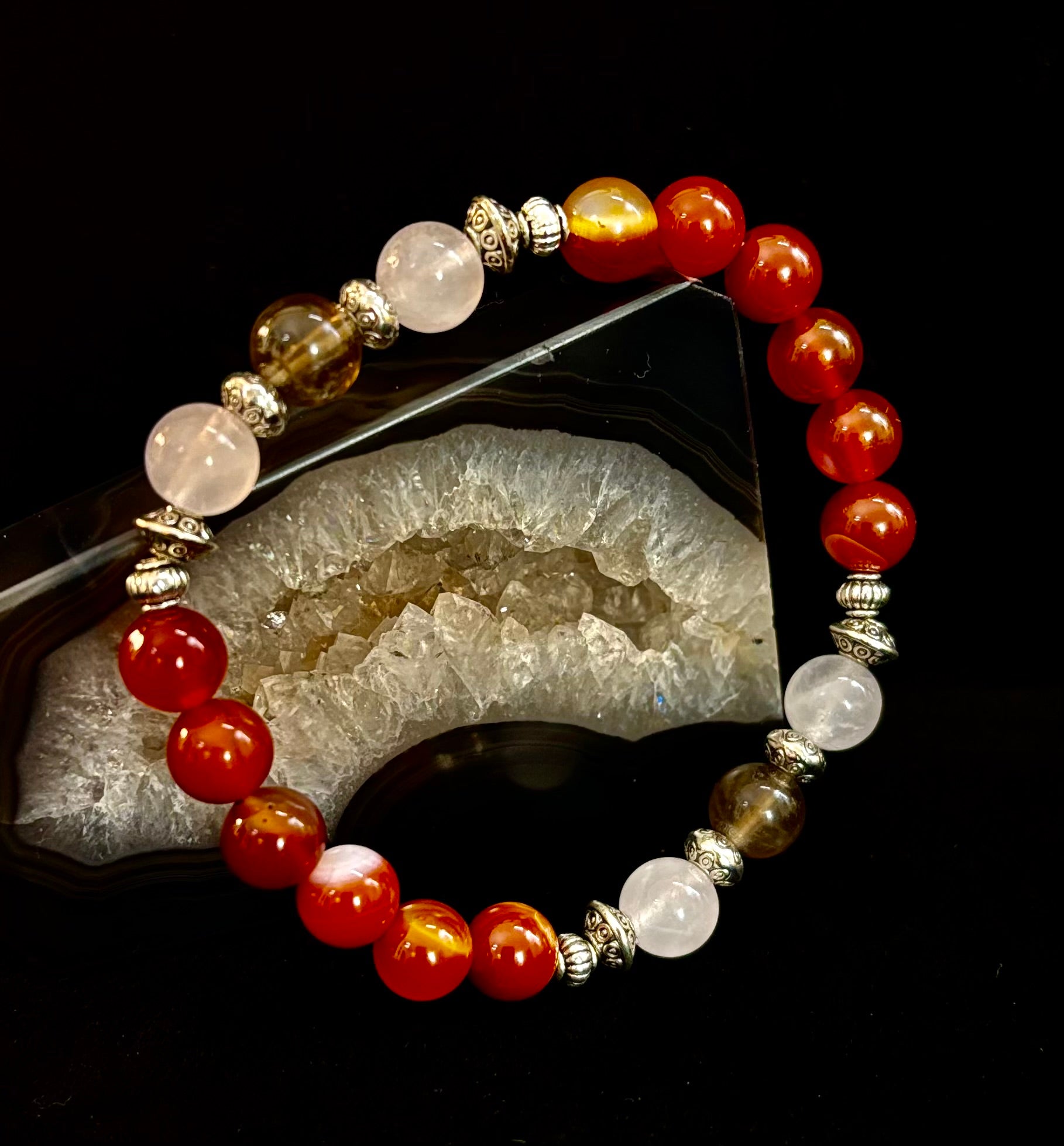 Grief & Loss Support Intention Bracelet – Reiki-Infused Carnelian, Rose Quartz & Smoky Quartz