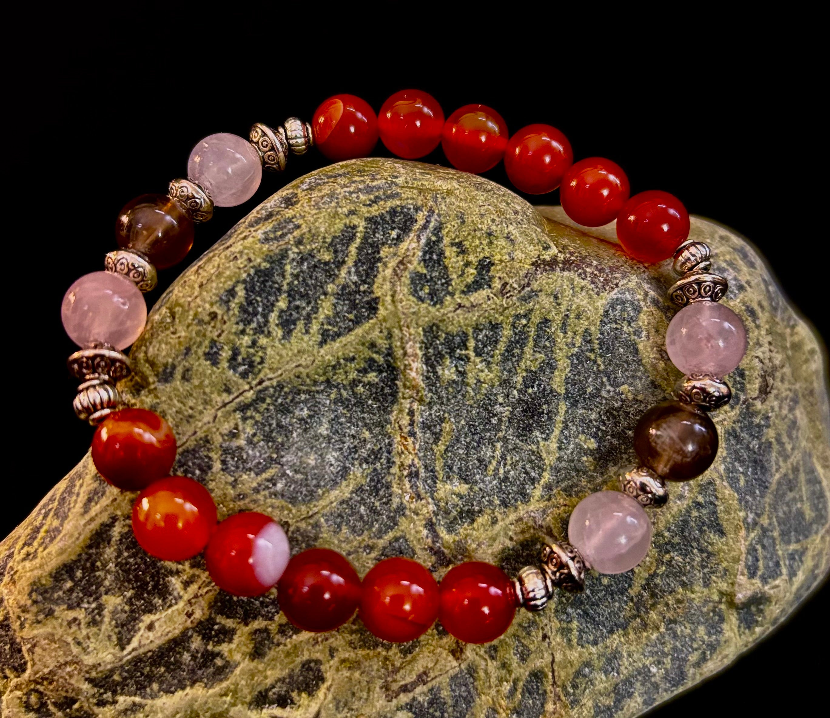 Grief & Loss Support Intention Bracelet – Reiki-Infused Carnelian, Rose Quartz & Smoky Quartz